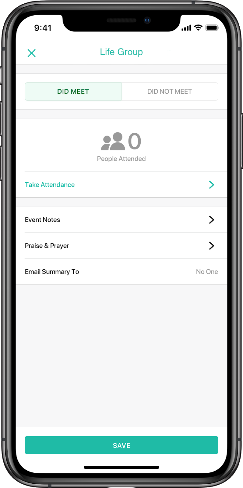 Smartphone screen displaying a church event attendance app, indicating no people attended, with options to take attendance, add event notes, provide praise and prayer, and email summary.