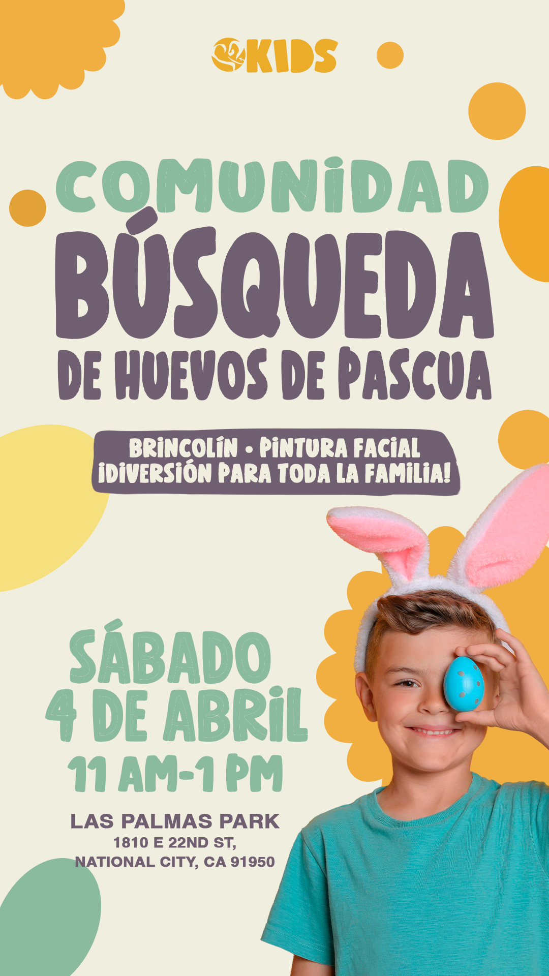 Flyer for a children's Easter egg hunt event featuring a boy with bunny ears holding a blue Easter egg in front of his eye, with colorful circles and text detailing the event date, time, and location in Spanish.