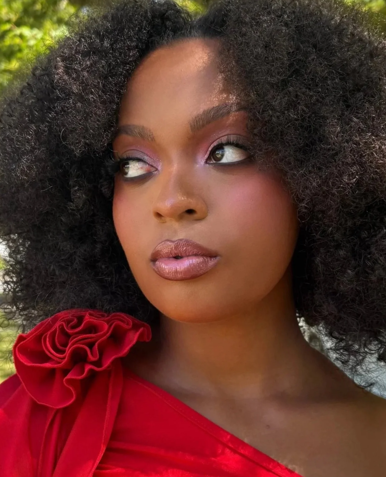 a pink bronzy glamour makeup look, glossy lip combo for medium and dark skin tones. Blurring skin finish with transition blush, smokey eyeshadow, brow and nose and cheek contour.