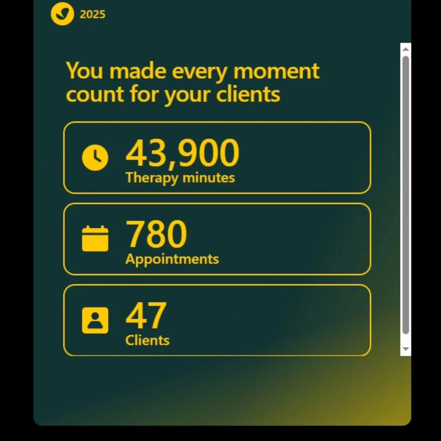 Behind these numbers are real people, real stories, and a lot of brave work.

Over this period (Jan 2025 - Nov 2025), I&rsquo;ve had the honor of sitting with 41 clients across 790 sessions - nearly 43,900 minutes of showing up, listening deeply, and
