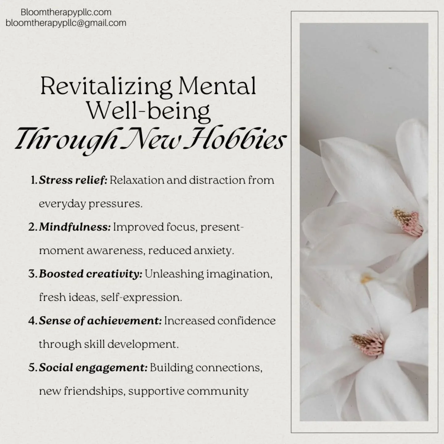 Revitalizing mental well-being through new hobbies 🌿

Exploring a new hobby isn&rsquo;t just fun - it can have meaningful benefits for your mental health.

✨ Stress relief: Focusing on a creative or engaging activity gives your mind a break from dai