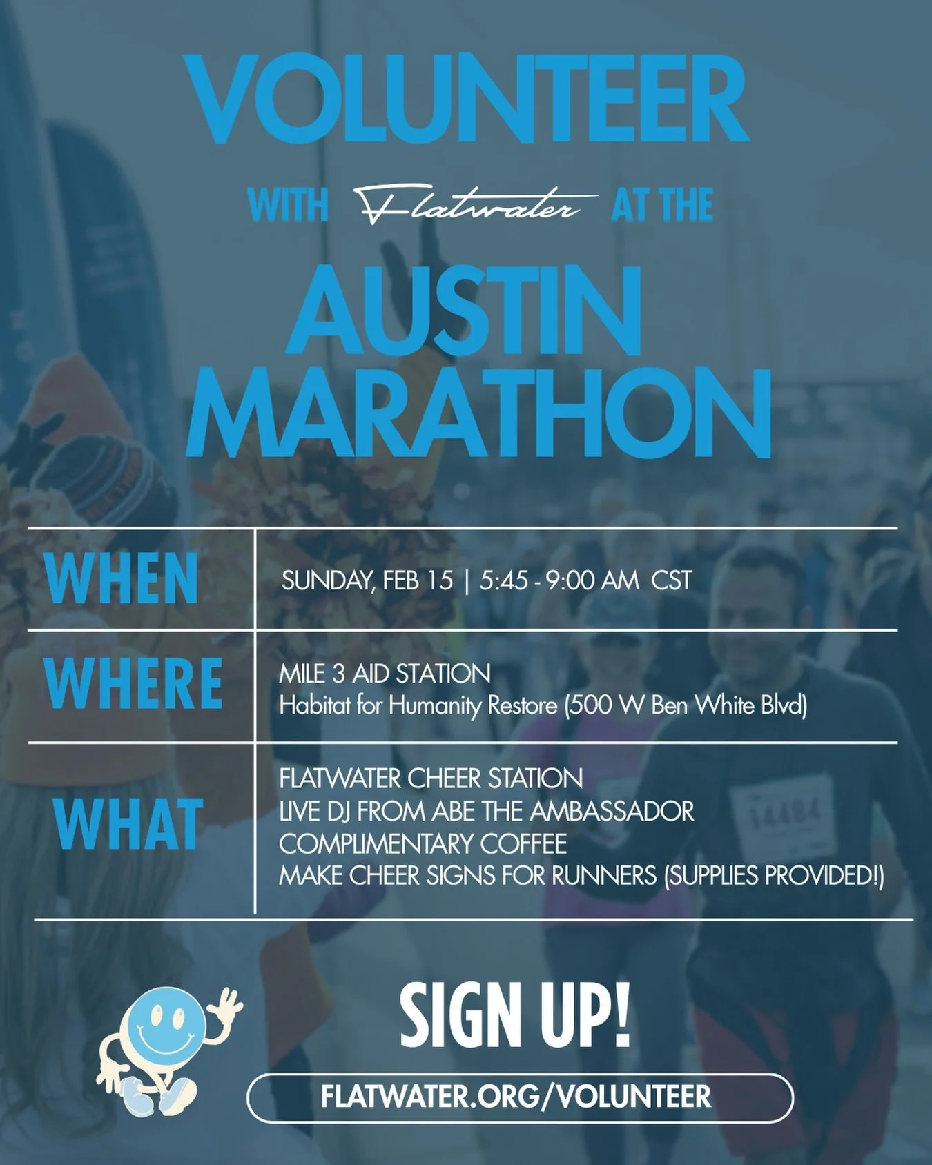 Cheer station. Coffee in hand. Vibes up. 
Come volunteer with Flatwater + hydrate the runners! 

➡️ Flatwater.org/volunteer 

#austinmarathon #austin #austintx