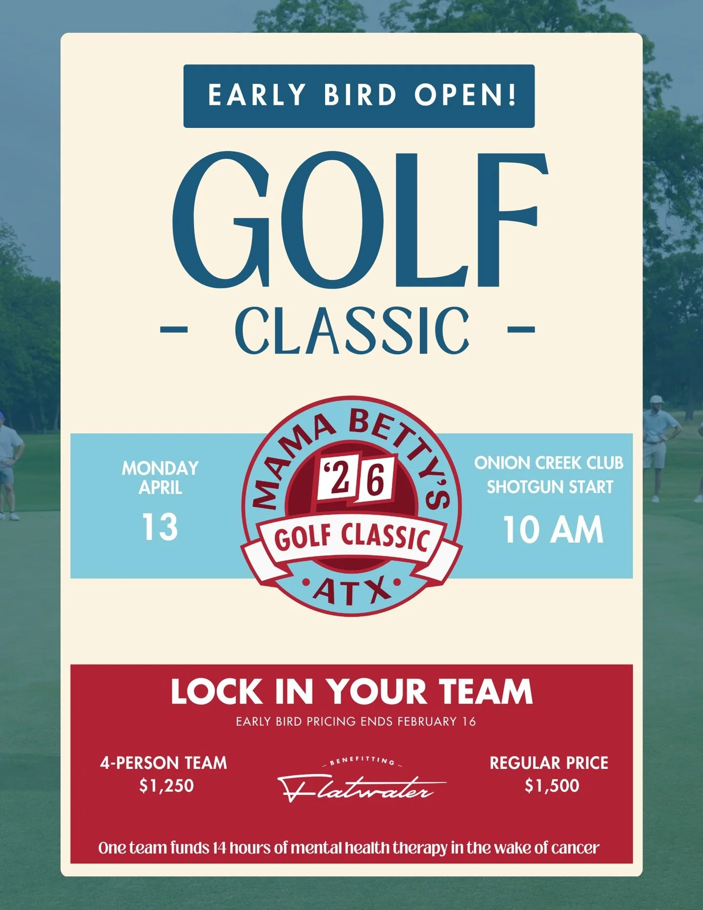Early Bird is OPEN!⛳️

An epic day of golf, giving back, on-course contests &amp; raffles. 100% of proceeds go directly to providing life-saving therapy sessions for those navigating cancer.

Early bird ends Feb 16 ⤵️ 
🏌🏽Link in bio to register