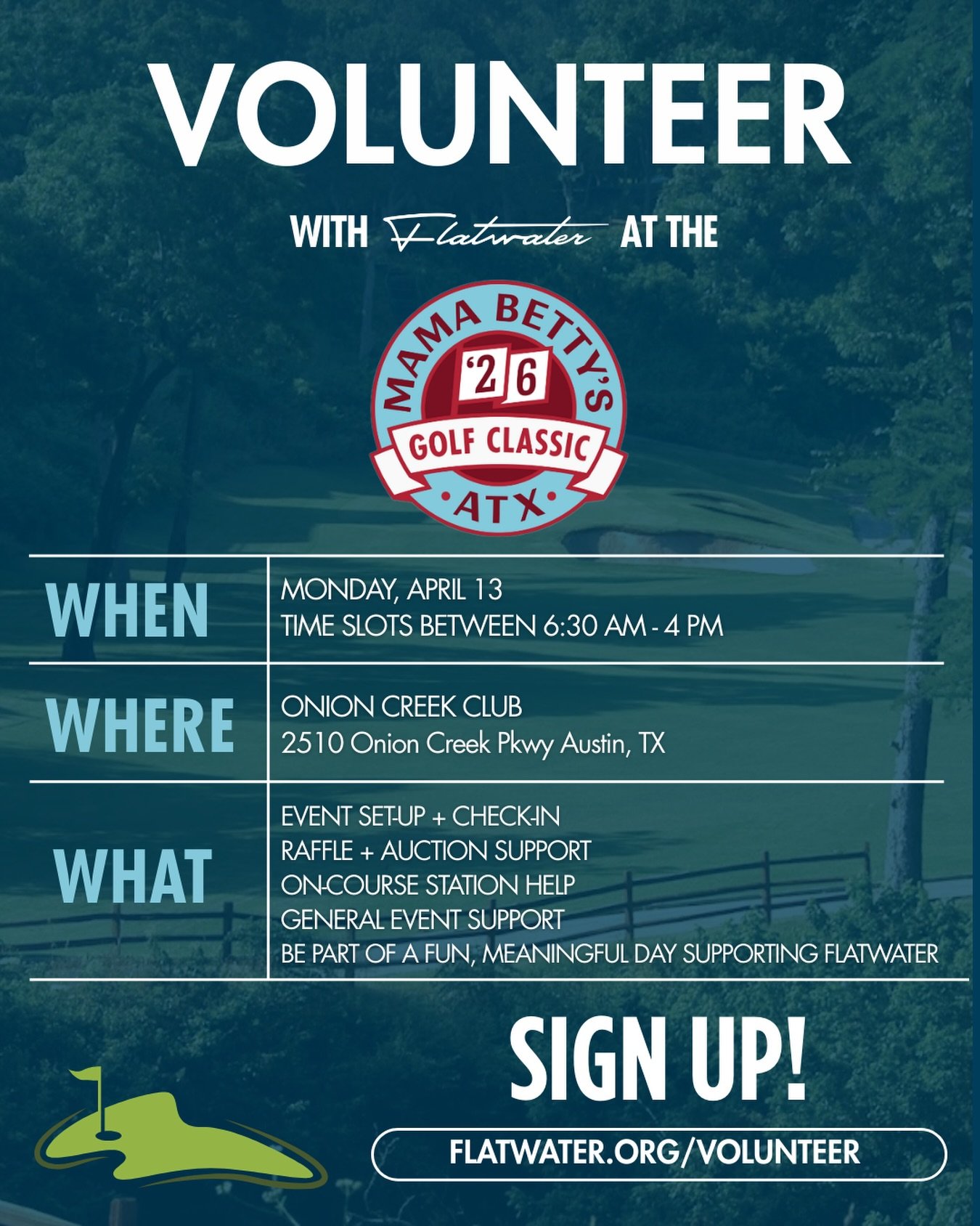 Come join us on the course!🏌🏽Volunteer with us for the 8th Annual Mama Betty&rsquo;s Golf Classic benefitting Flatwater. 

➡️ Flatwater.org/volunteer
