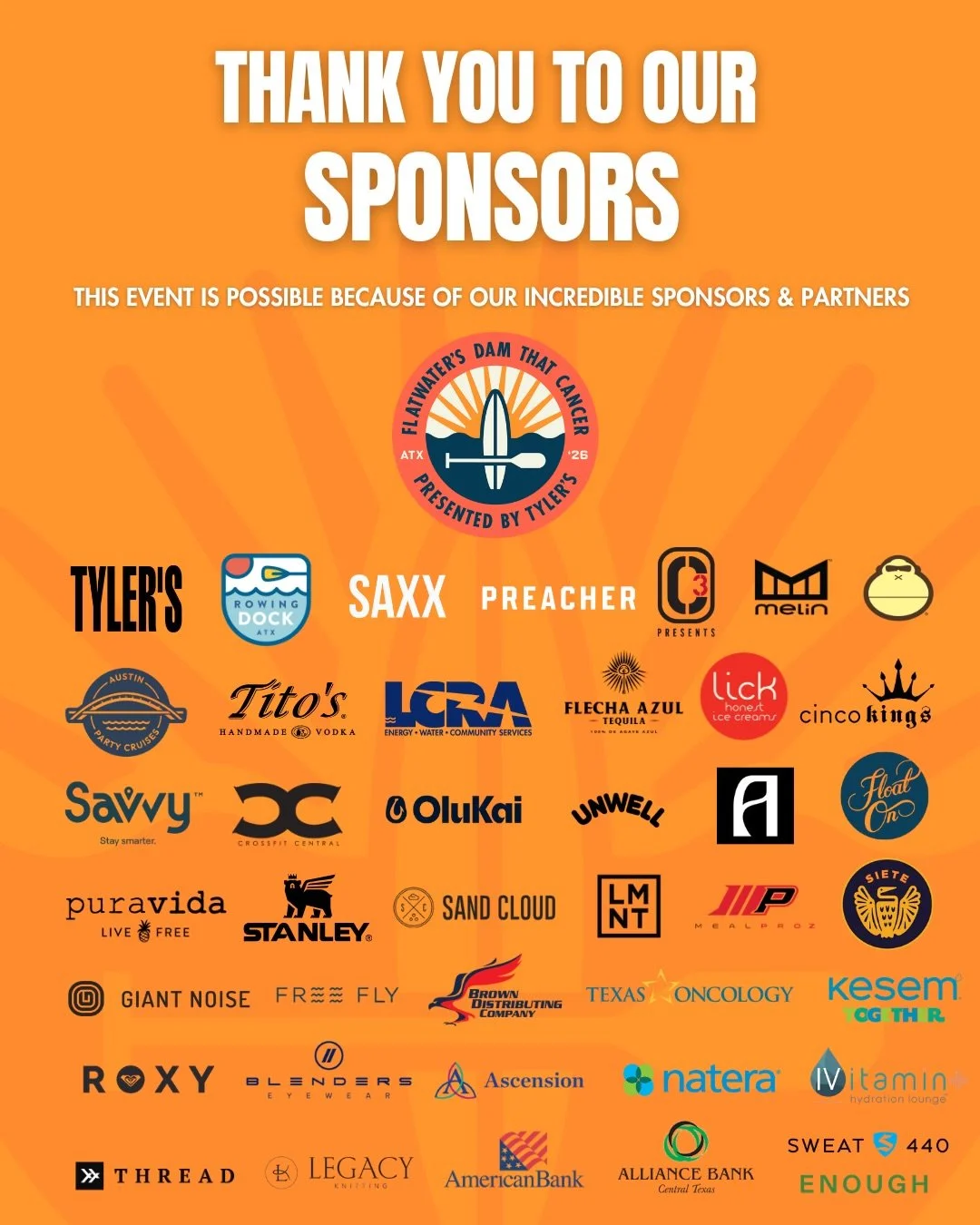 Flatwater&rsquo;s Dam That Cancer Presented by @tylerstx wouldn&rsquo;t be possible without the incredible sponsors &amp; partners who continue to show up for this mission.💙

Because of their support, every dollar raised through Dam That Cancer fund