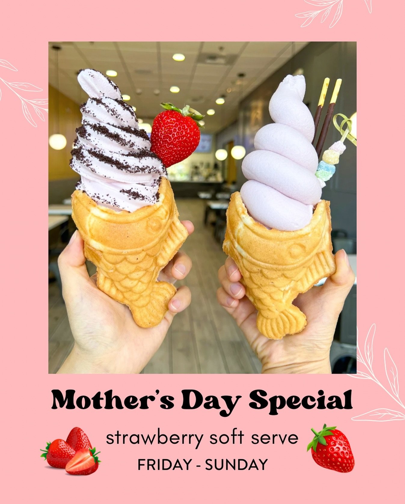 Celebrating all moms this weekend with our limited time STRAWBERRY SOFT SERVE! 🍓🍓 Available at all AZ and CA locations this Friday to Sunday! 

Stay sweet and cool with the special lady in your life this weekend at Snowtime ✨