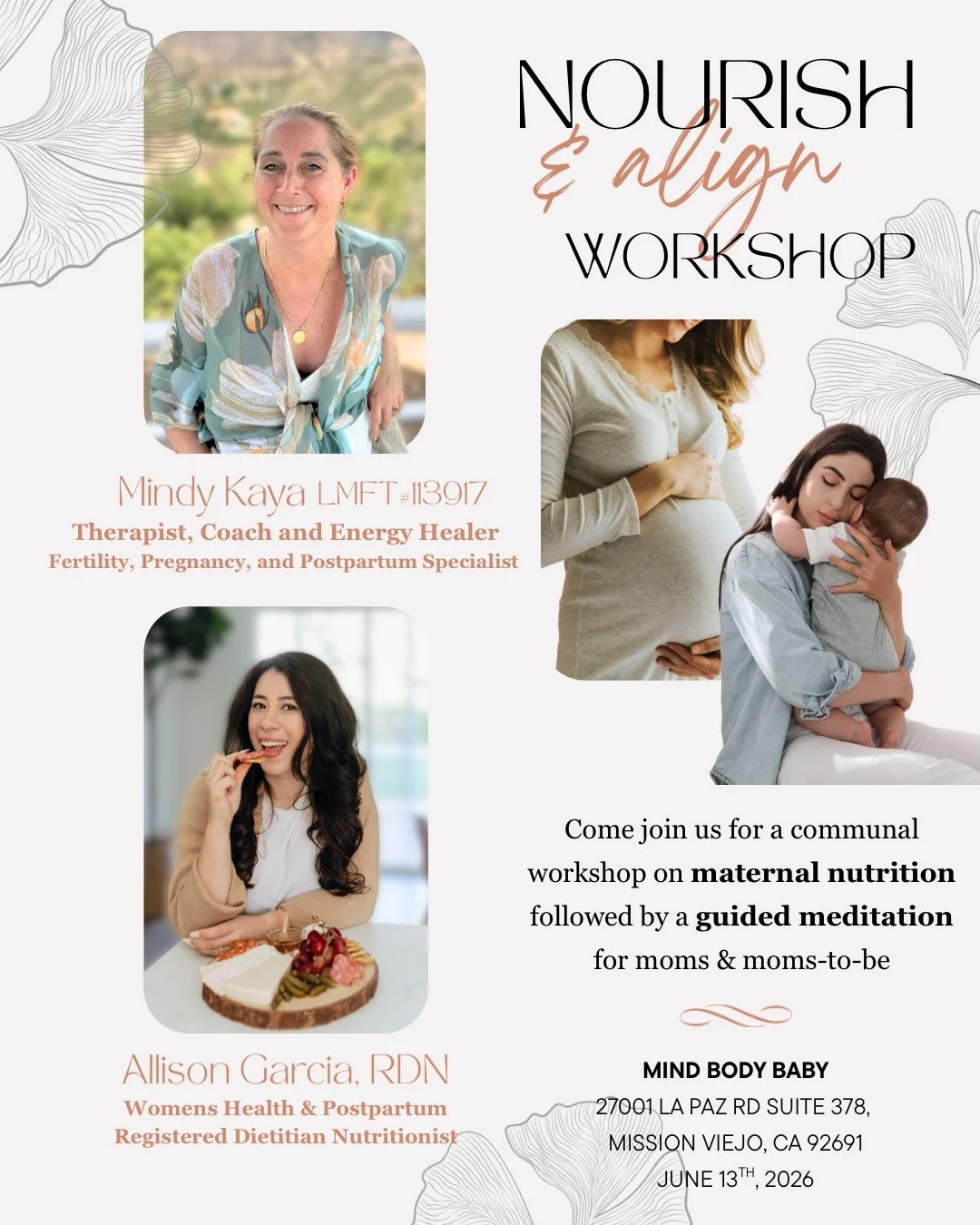 If you&rsquo;re pregnant, postpartum, or just starting to think about a family, this one&rsquo;s for you. 🤍

Next Saturday June 13th, I&rsquo;m co-hosting the Nourish &amp; Align Workshop in Mission Viejo @mindbodybabyoc with @mindykayaspiritualcoac