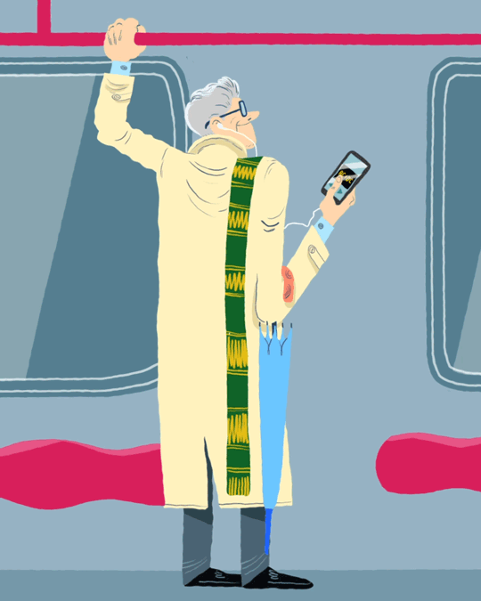 In the subway trains people spend time often listening to music or podcasts