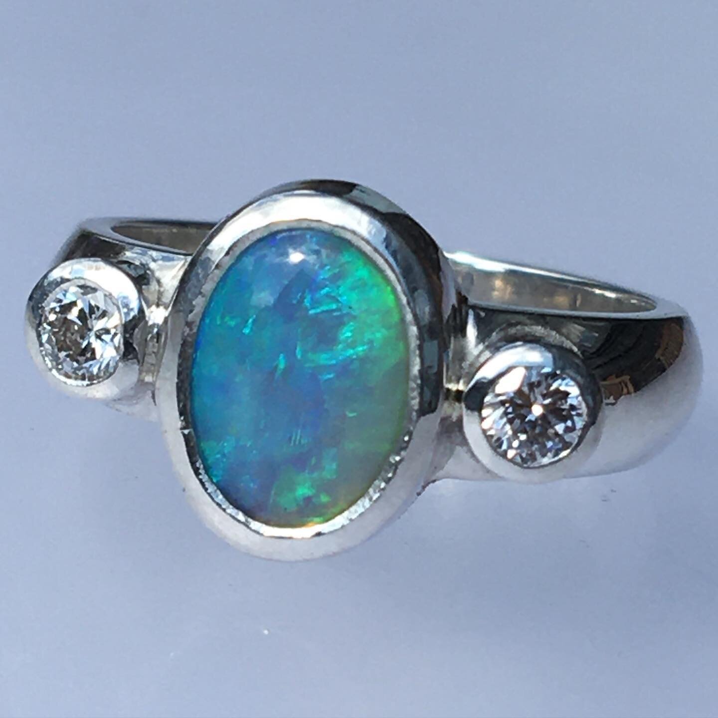 A recent engagement ring made here. Silver diamonds and an Australian Opal. #engagementring #opal #opalanddiamonds #handmadeinsuffolk #onmybench #opalandsilver #commission