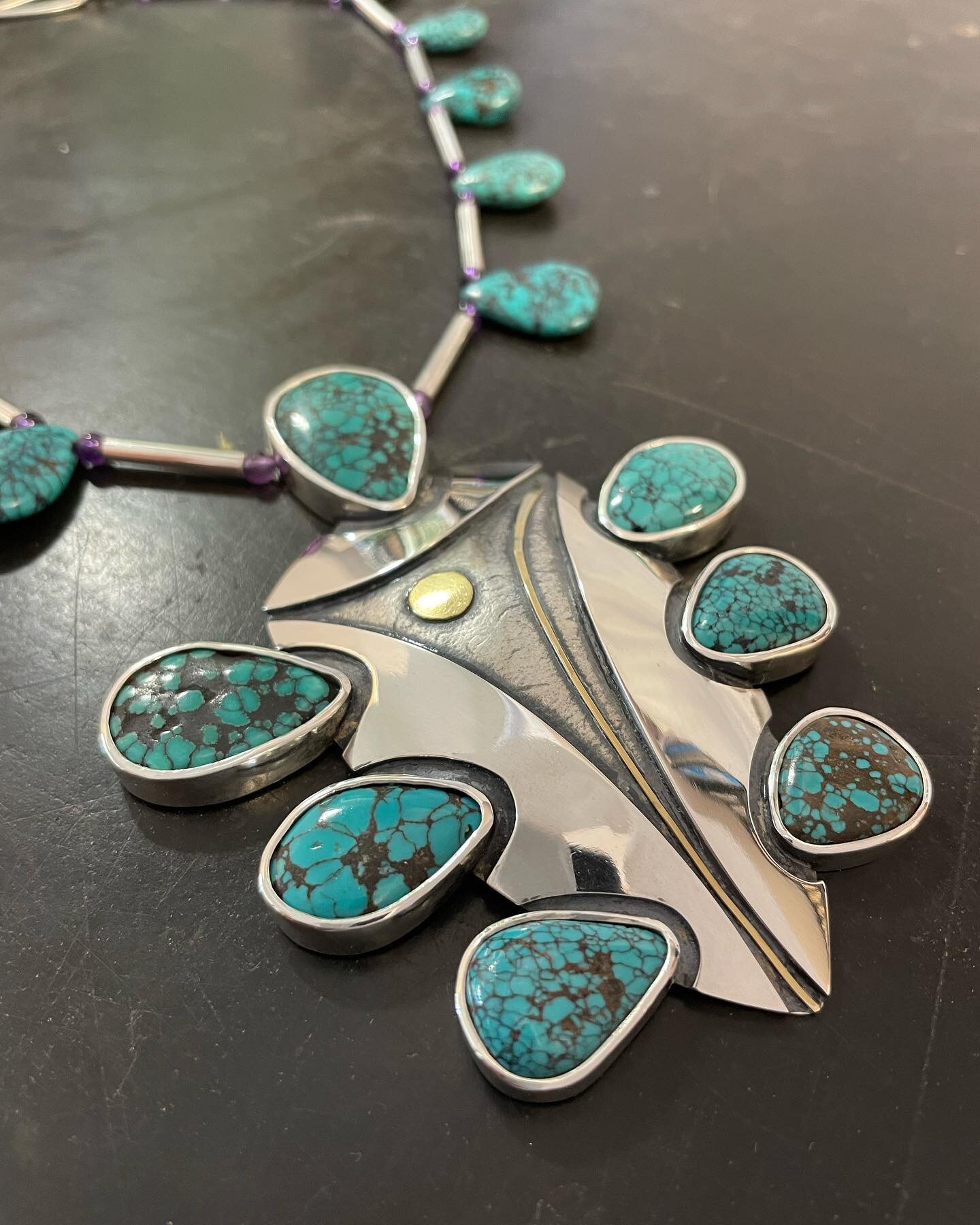 Silver 18ct turquoise and amethyst necklace. @spiralgallerydebenham #turquoisejewelry #turquoisejewellery #oneofakind #silver #silverandgold #madeinsuffolkengland #largenecklace