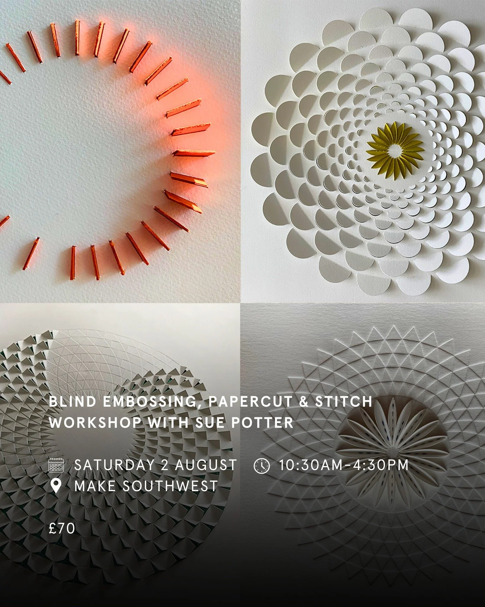 Last chance to book tickets for @suepotterdesigns workshop: Blind Embossing, Papercut &amp; Stich here at @makesouthwest!

🗓️Saturday 2 August
⏰10:30am-4:30pm
🎟️ &pound;70

Join printmaker and MAKE Southwest Maker Member Sue Potter for an experimen
