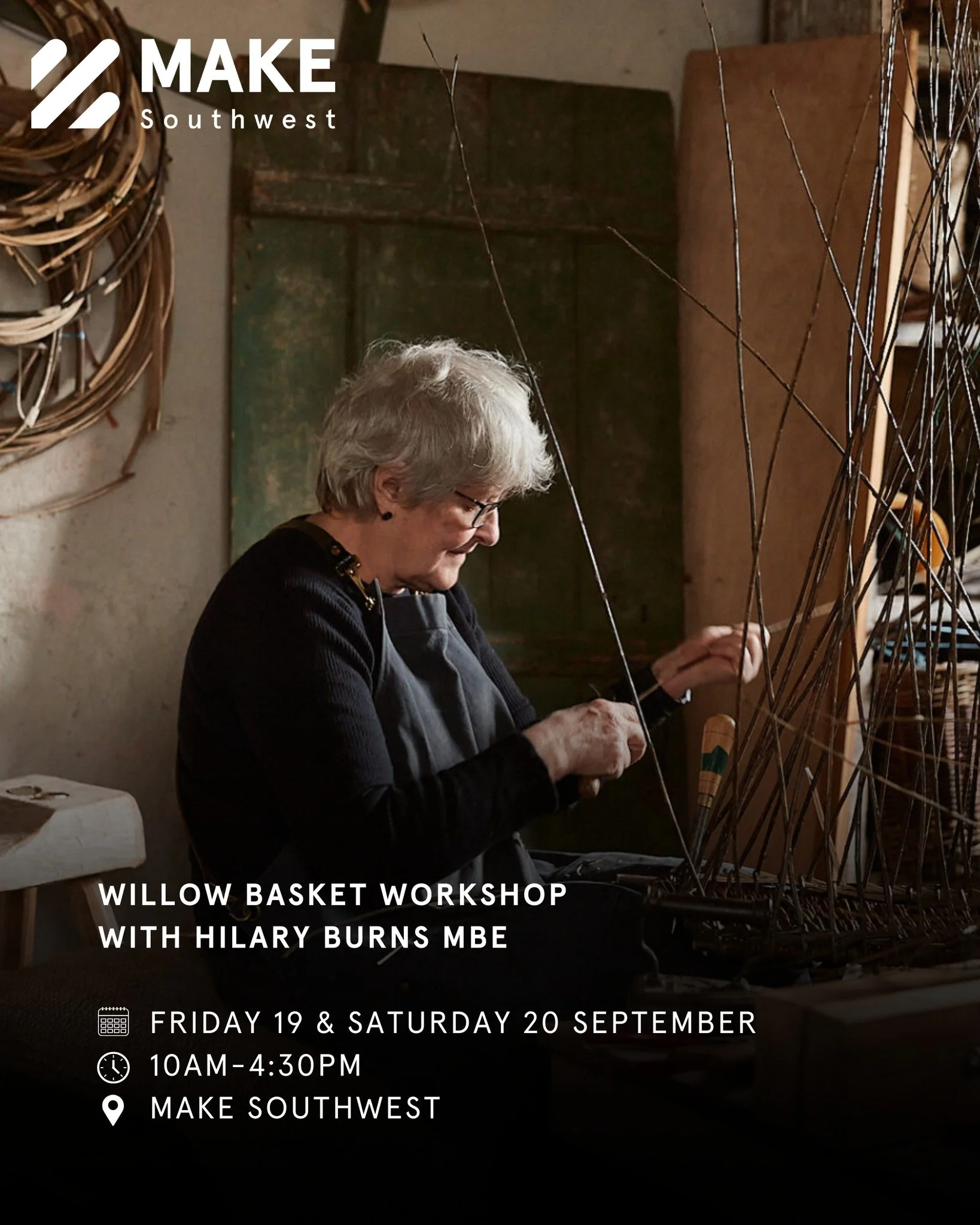 Join Hilary Burns MBE (@hilaryburnsbasketmaker) for a two-day Basket Weaving Workshop! 

🗓️ Friday 19 &amp; Saturday 20 September
⏰ 10am-4:30pm
📍 MAKE Southwest
🎟️ &pound;160

In this workshop you&rsquo;ll make a shopper or foraging basket with a 