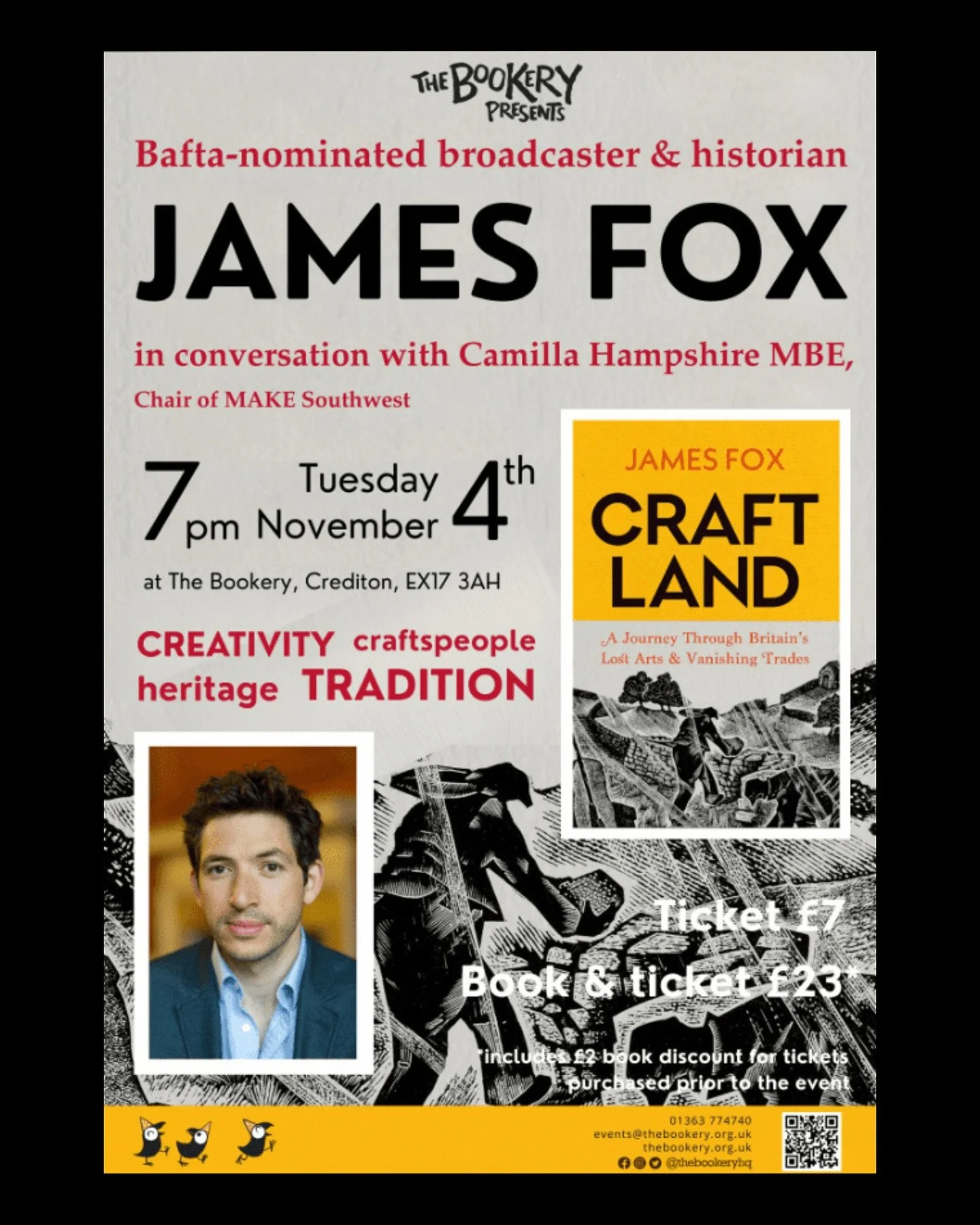 Join acclaimed historian, broadcaster, and author @jamesfox283 at @thebookeryhq in Crediton, on Tuesday 4th November to discuss his latest book Craftland: A Journey Through Britain&rsquo;s Lost Arts and Vanishing Trades. James will be in conversation
