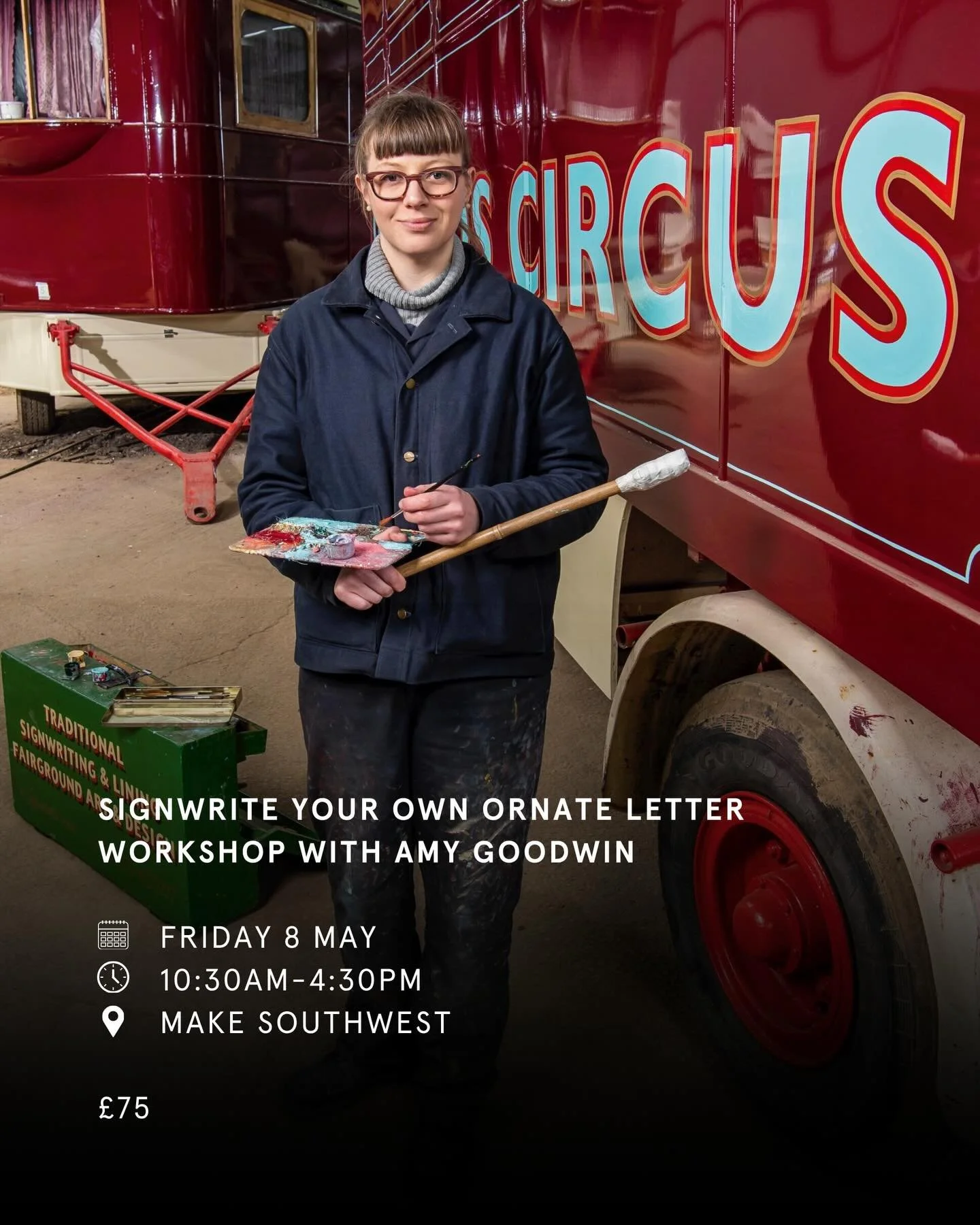 Join fairground artist Amy Goodwin (@amy.goodwin.signwriter), to learn how to signwrite your own ornate letter. 

🗓️ Friday 8 May
⏰ 10:30am-4:30pm
📍 MAKE Southwest
🎟️ &pound;75

Amy is exhibiting in our upcoming exhibition, Staying Alive: Endanger