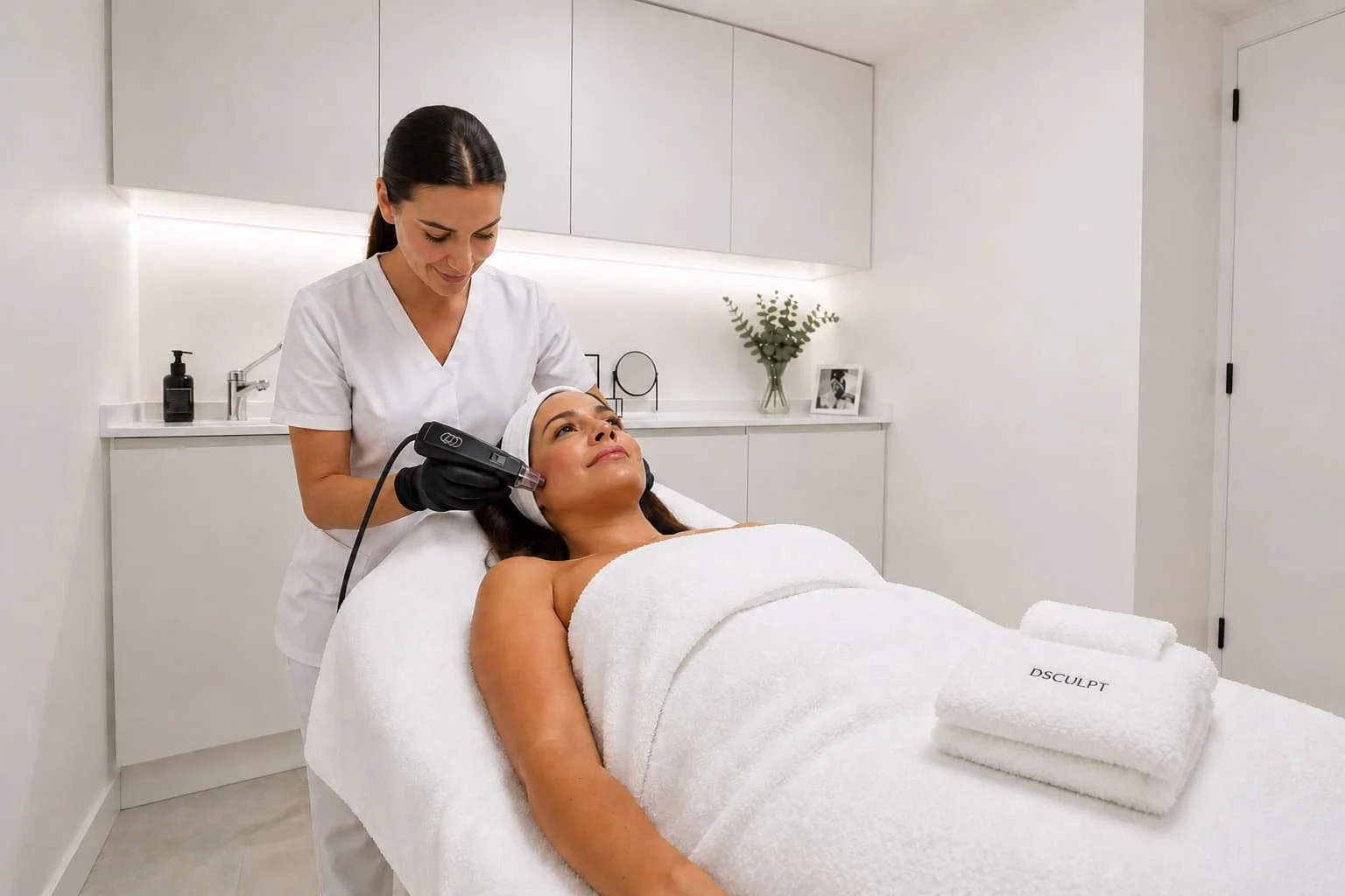 Paciente recibiendo tratamiento Morpheus facial con radiofrecuencia fraccionada para mejorar las marcas de acné