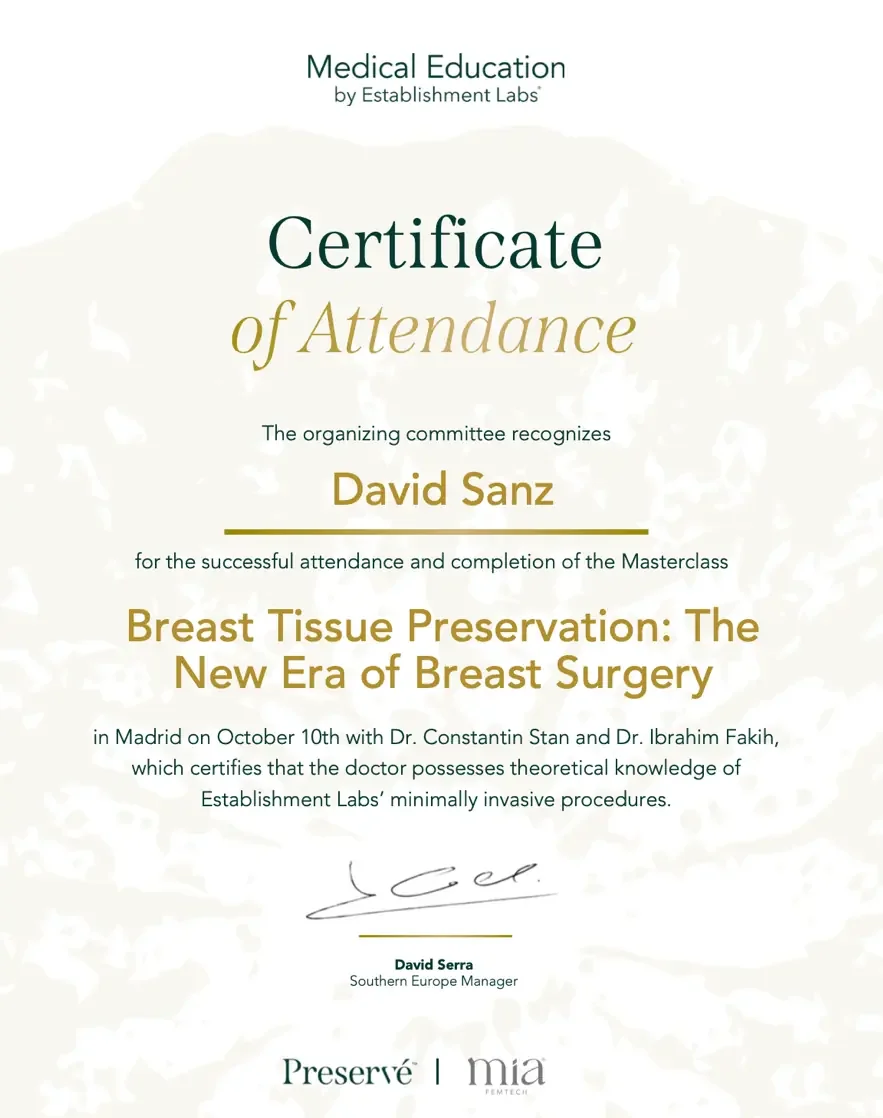 Certificación del Dr. David Sanz en la técnica Preservé de cirugía mamaria