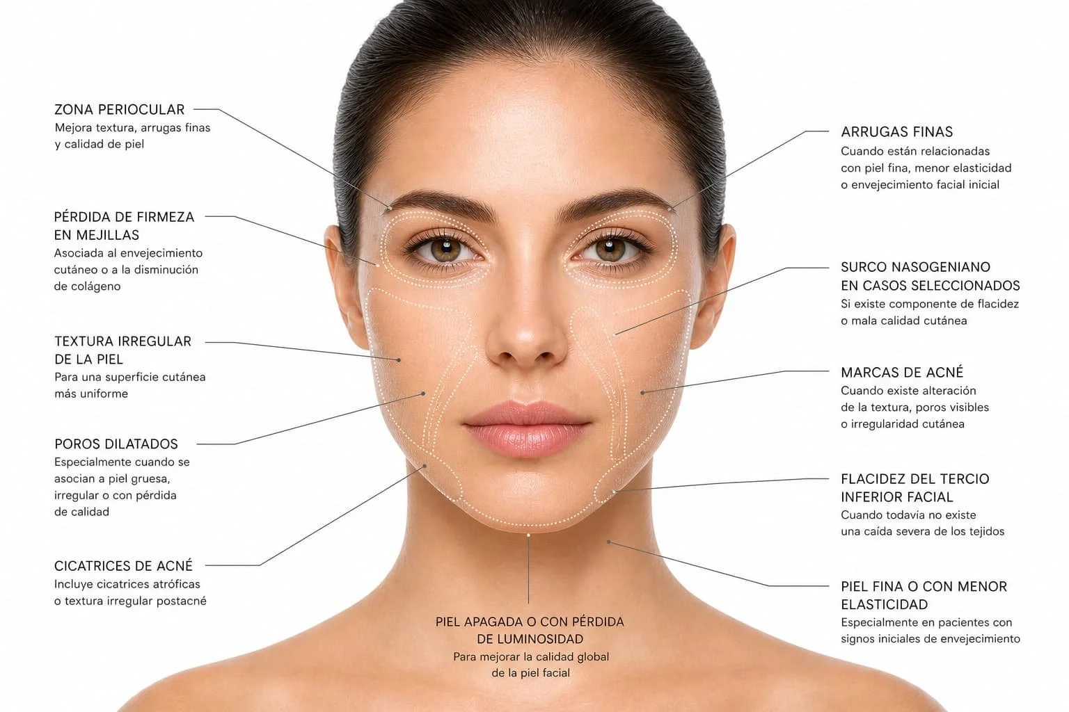 Indicaciones de Morpheus facial para piel flacidez poros y cicatrices