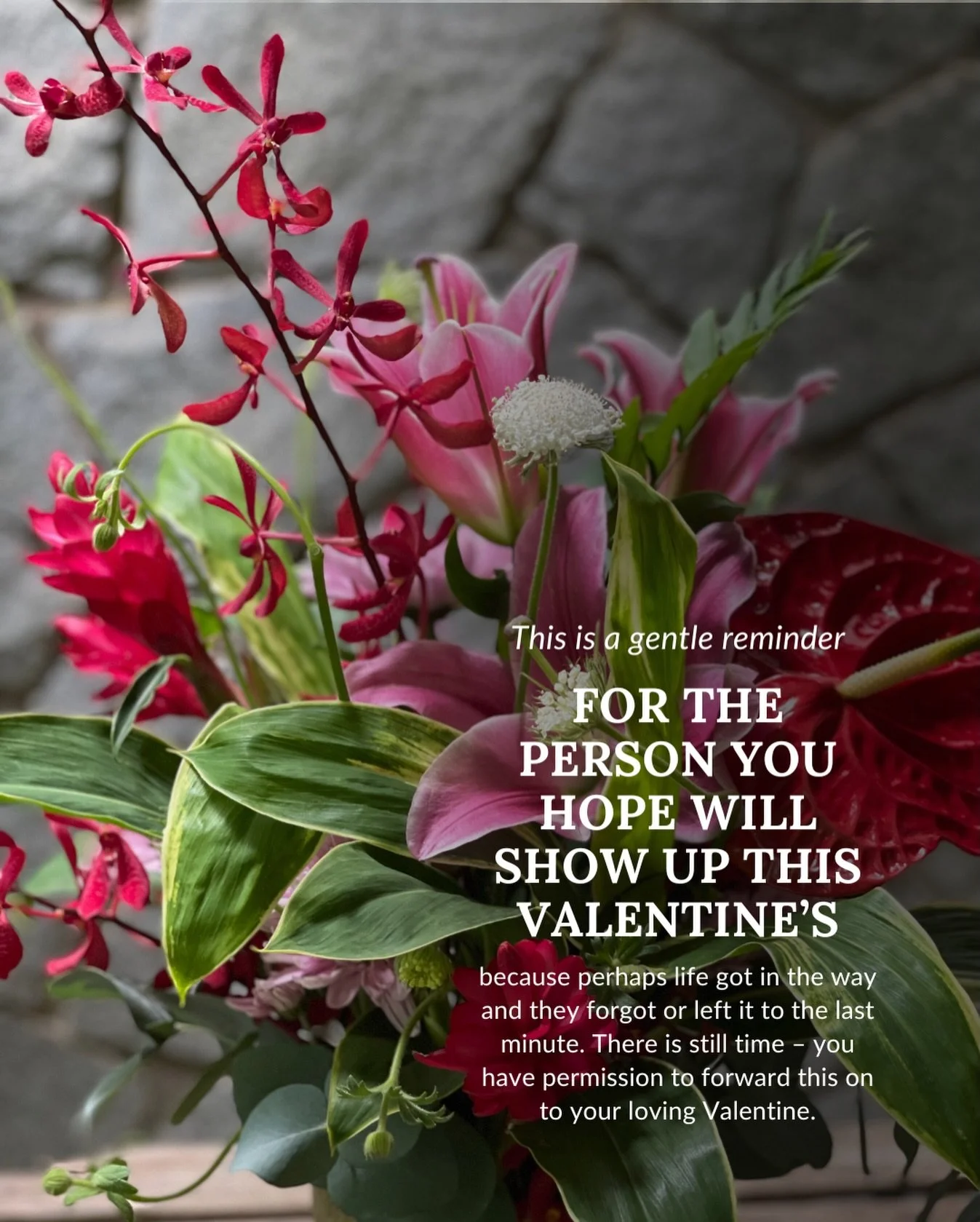 Pass it on, it&rsquo;s not too late!  We are still taking orders for Valentine&rsquo;s and want it to be extra special for you. 

#wildflowerflorist #valentines #flowerssg #loveinbloom