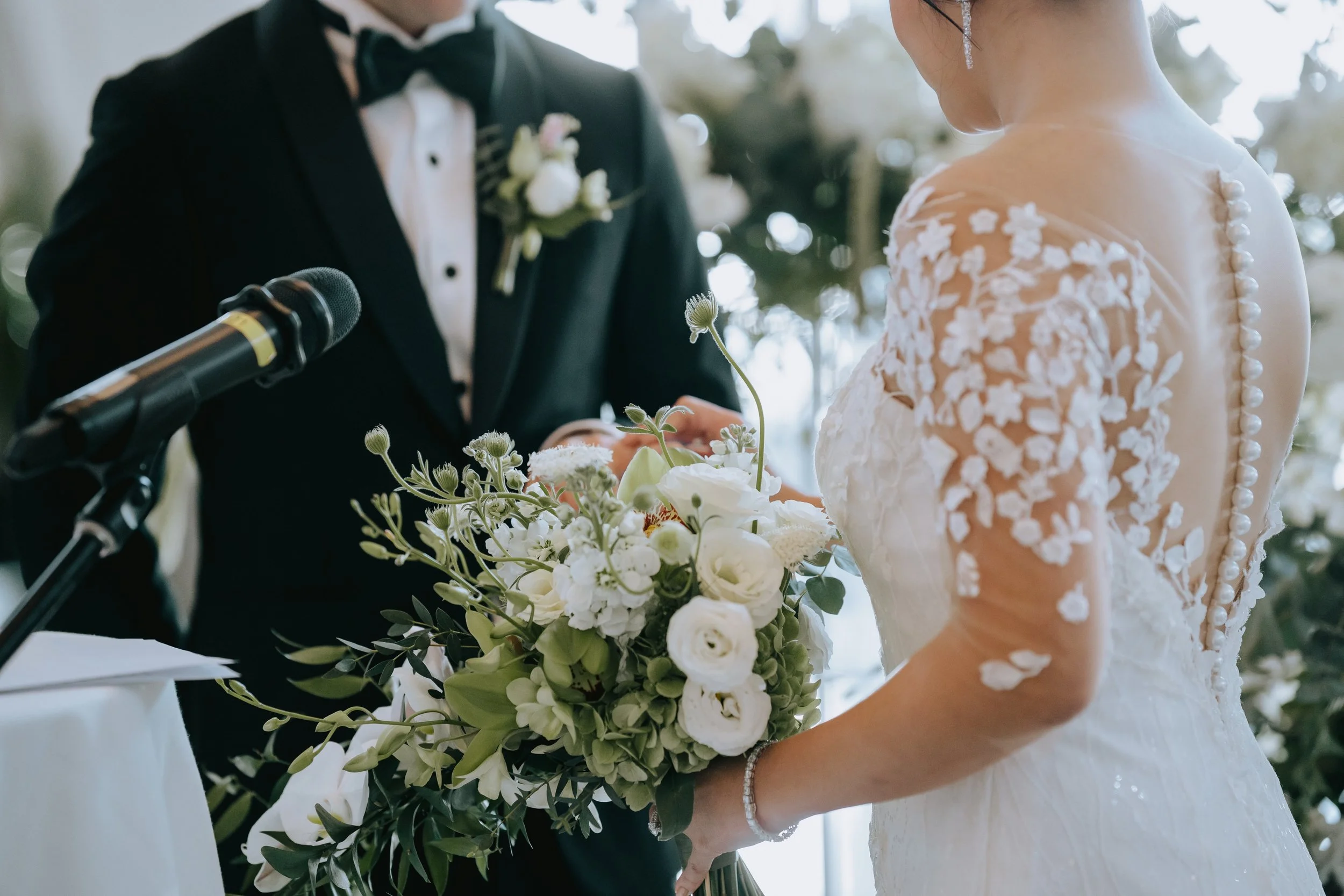White ranunculus, green hydrangea, astrantia, dendrobium orchids. Everything soft, everything intentional.

We&rsquo;ve made a lot of bridal bouquets. And still &mdash; every single time one gets carried down an aisle, it gets us.

#floristry #weddin