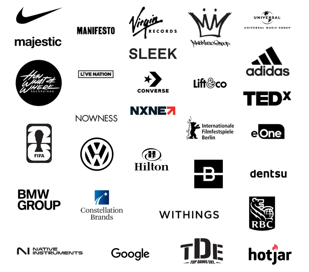Collection of various company logos, including Nike, Virgin Records, Adidas, BMW Group, Google, and FIFA.