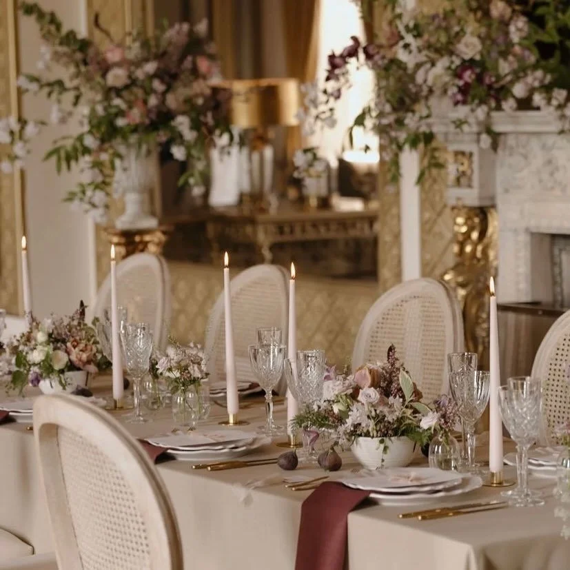 Pure R O M A N C E 🤍🤍🤍
.
.
The Florence dining chairs paired with beautiful linens, blousy florals, our gold flatware and our crystal glassware is romance personified
.
.
Venue @wynyardhall 
Creative @thetrove_  and @nataliehamiltonphotography 
Fl