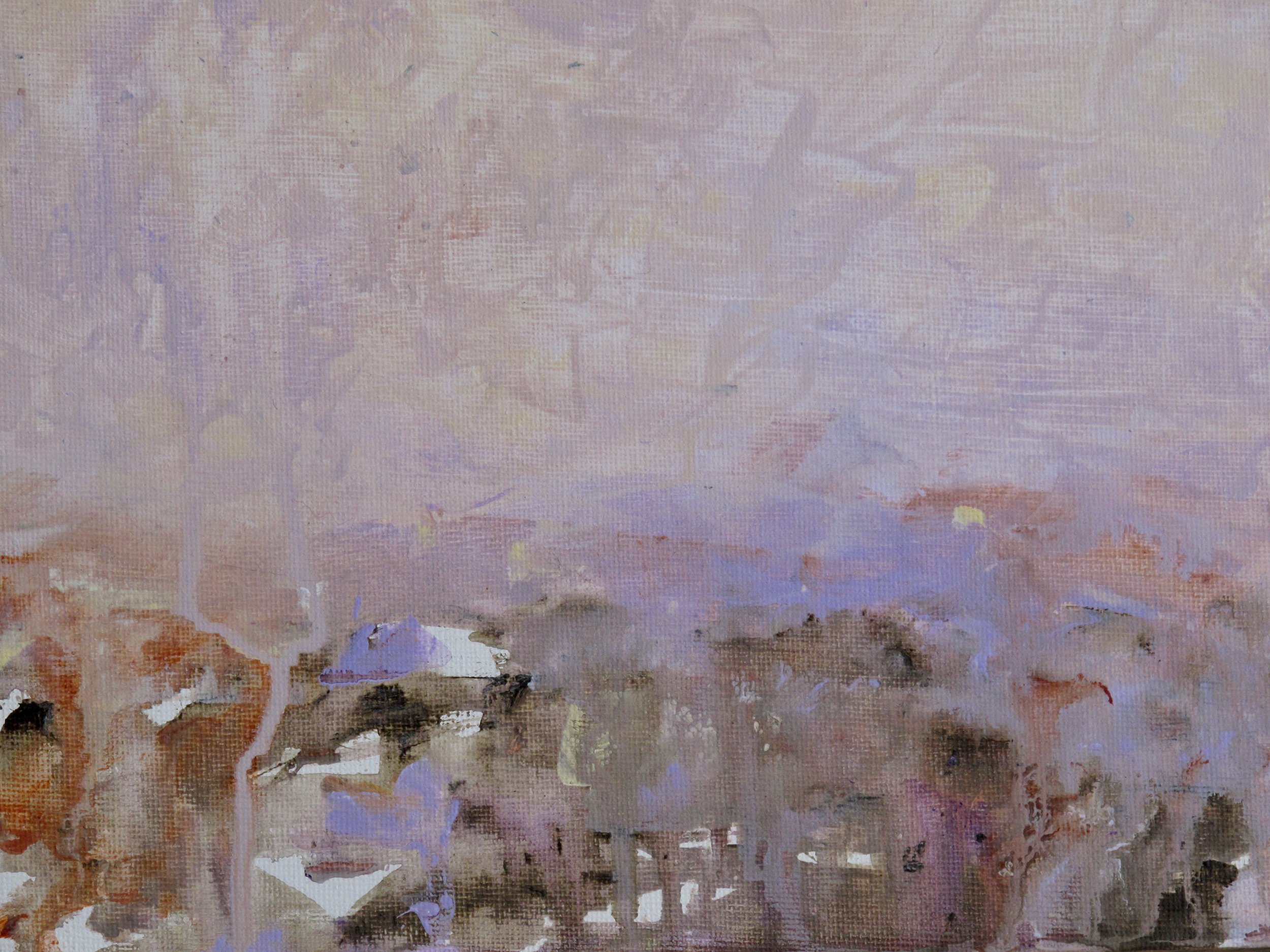 Prestudy, sketch of filtered light. Painting with enhanced viscosity mix and limited palette. An invitation to wander. Quiet bursts 24x18 cm March '23