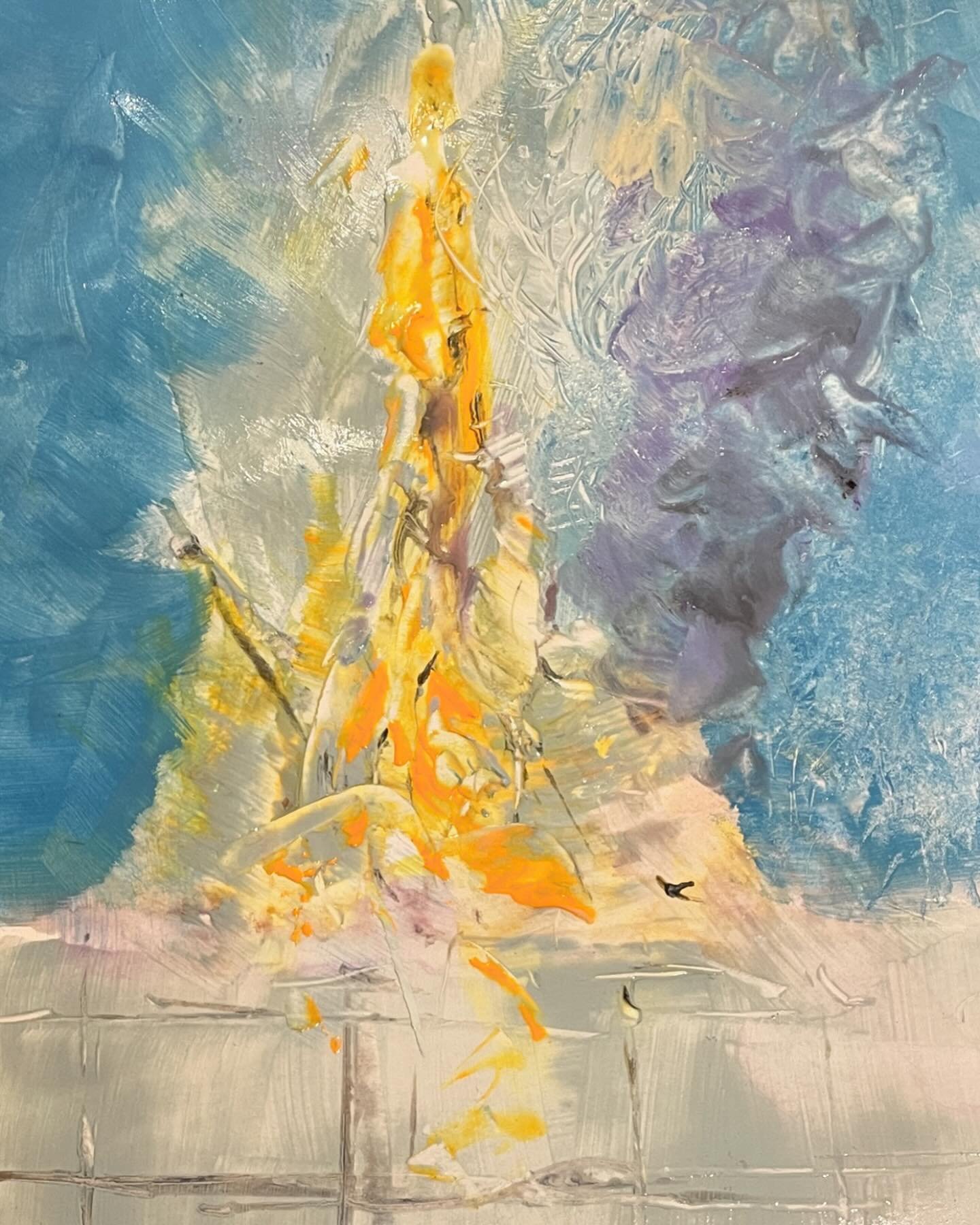 Sitting here painting / reflecting on the day. The historic Copenhagen Stock exchange goes up in flames. A beautiful building with an iconic dragon spire that was engulfed. A day many will remember. #b&oslash;rsen #copenhagen #acrylart #emergingartis