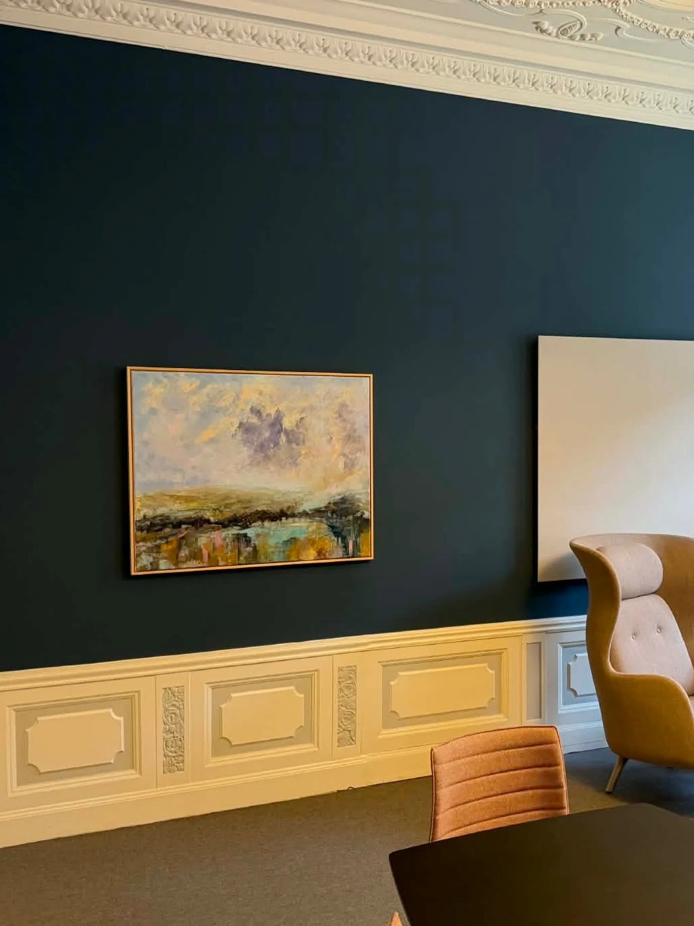 Where do your works hang? Is a question I get asked. This work &lsquo;Crescent&rsquo; in the director&rsquo;s office of a Danish financial association in Copenhagen. I love the contrast of the wall&rsquo;s colour against the painting, the space aroun