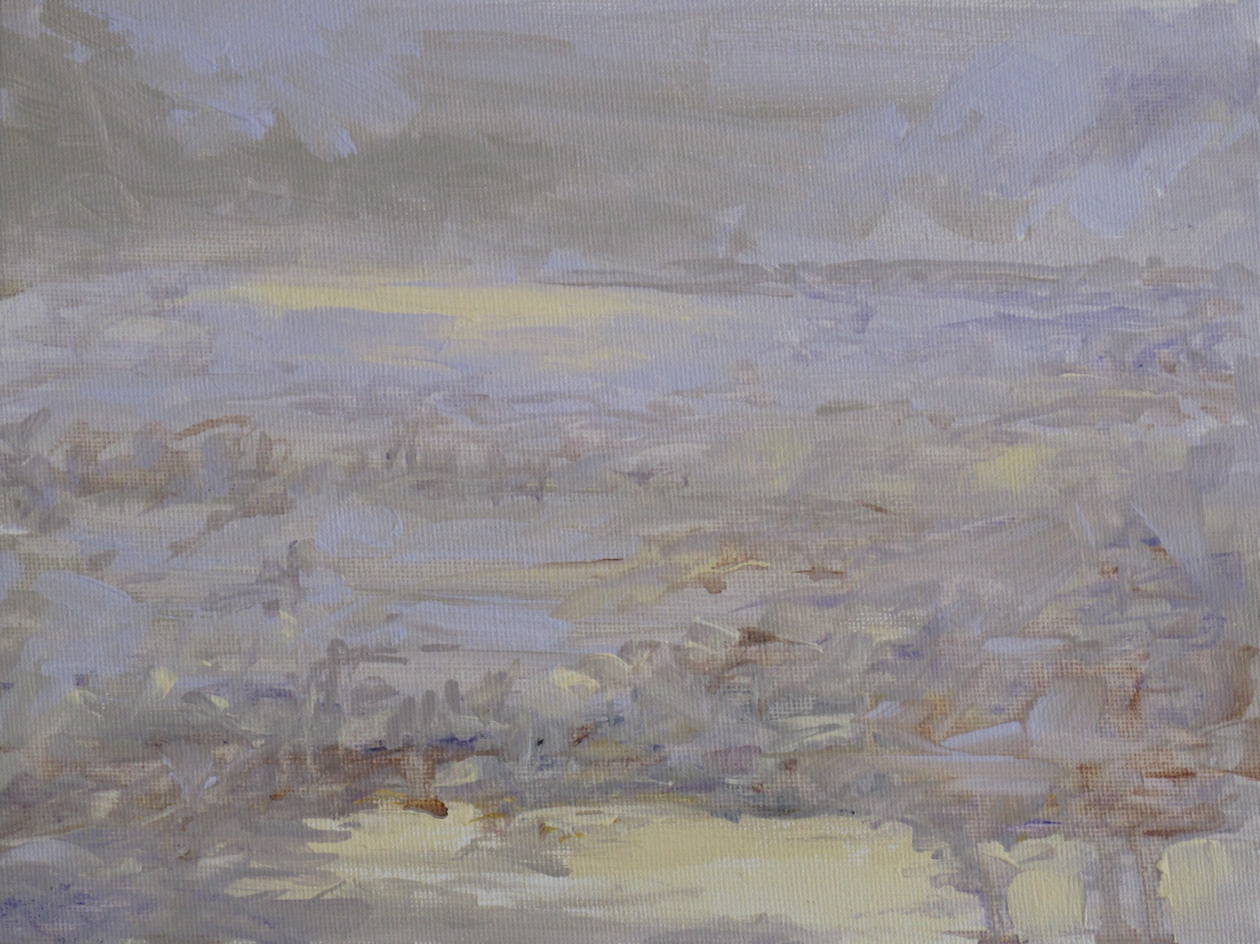 Small study suggesting distant light and foreground. Layers of suggested detail to distract the eye. Limited palette. Glowing calm SOLD,- March '23