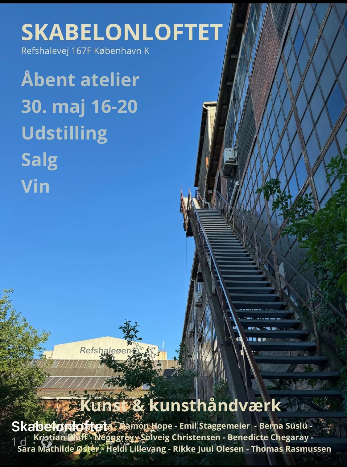 Åbent atelier / Open Studios 16-20:00 May 30th - 12 artists and craftspeople invite you into their studios to show their work. Meet them in person. Purchases can be made directly from the artists. Skabelonloftet 167F Refshalevej Copenhagen.