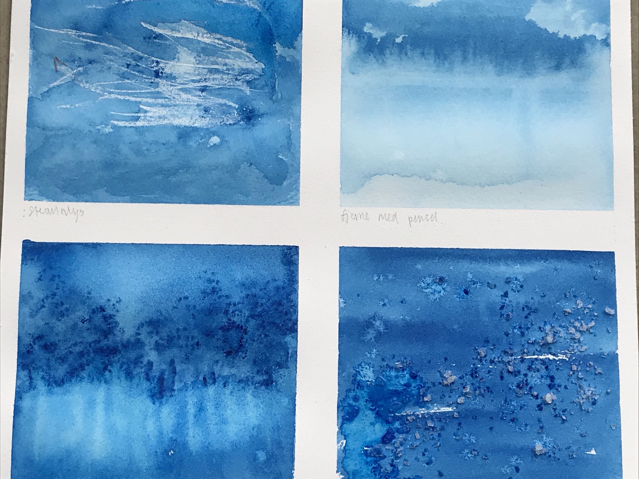 A my watercolour course I showed students how to achieve playful effects with watercolour and salt crystals, candle wax, etc.