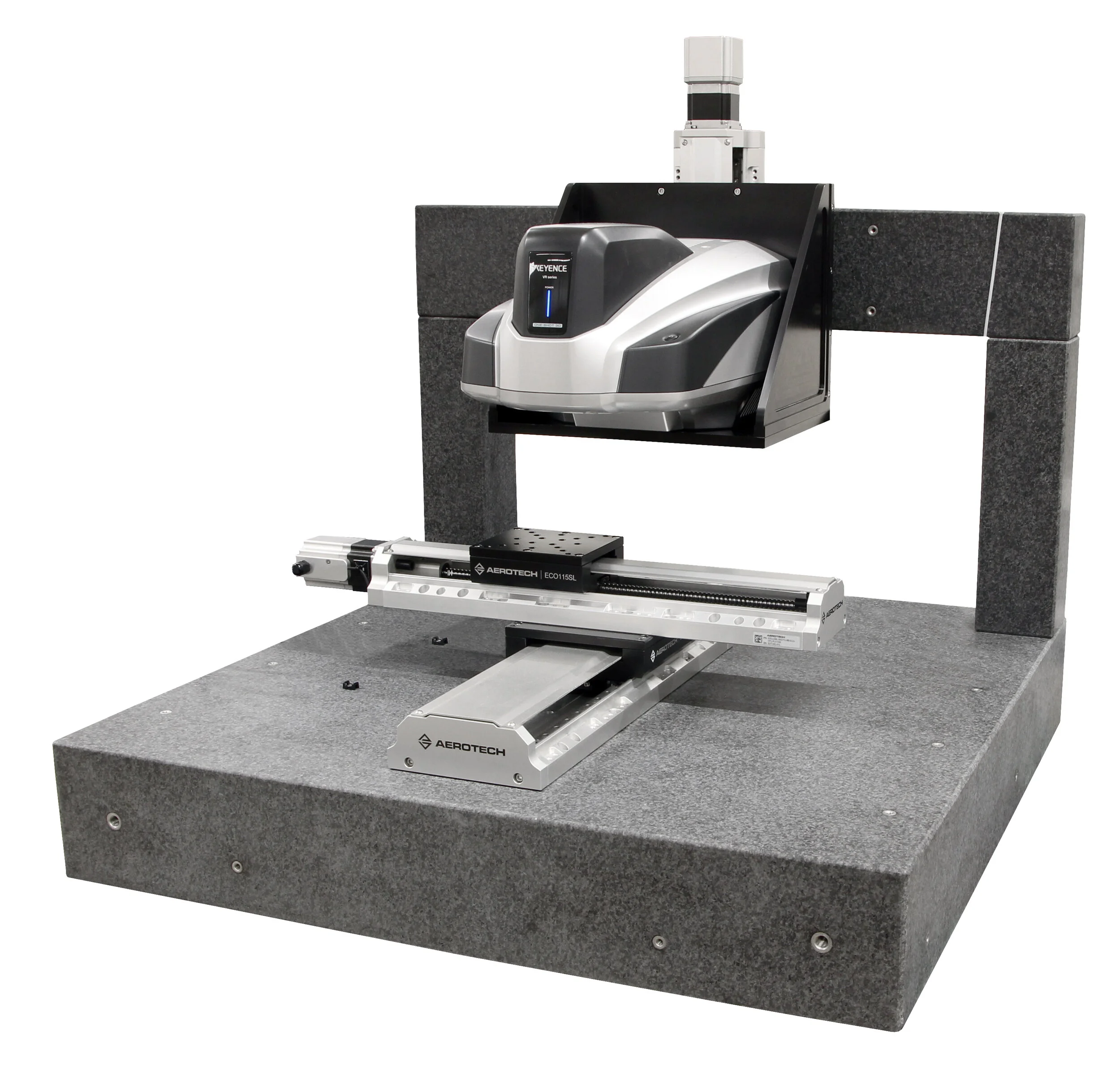 Aerotech’s solution for Keyence VR5000 Integration of Keyence into Aerotech positioning systems: The travel range in XY is 600x600 mm. A cross table is mounted on a granite base for component adjustment.