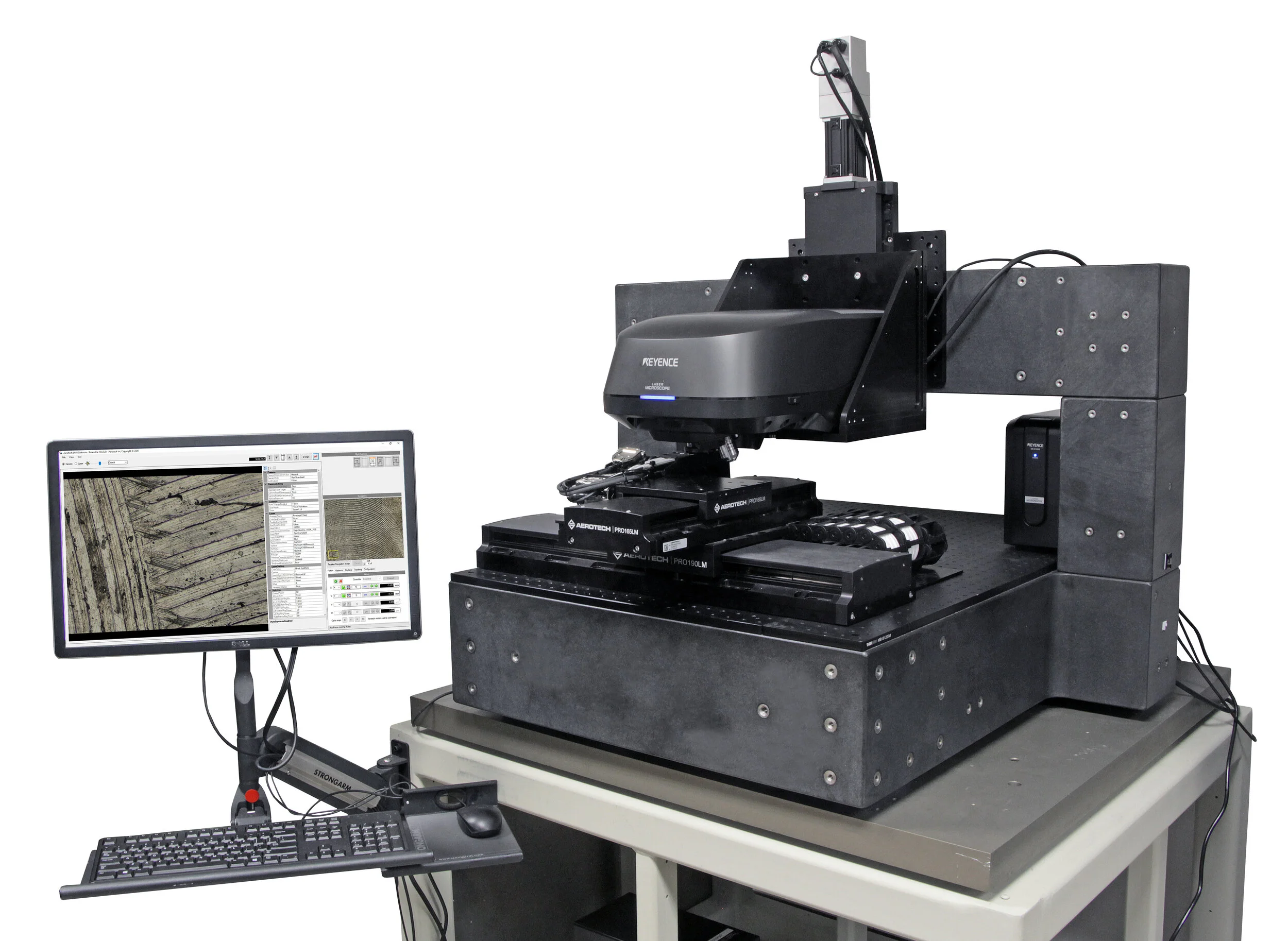 Integration of Keyence VK-X1000 Integration of Keyence VK-X1000 3D laser scanning microscope in Aerotech’s laboratory systems. The positioning enables higher load capacities and adjustment ranges of up to 500x300x200 mm.