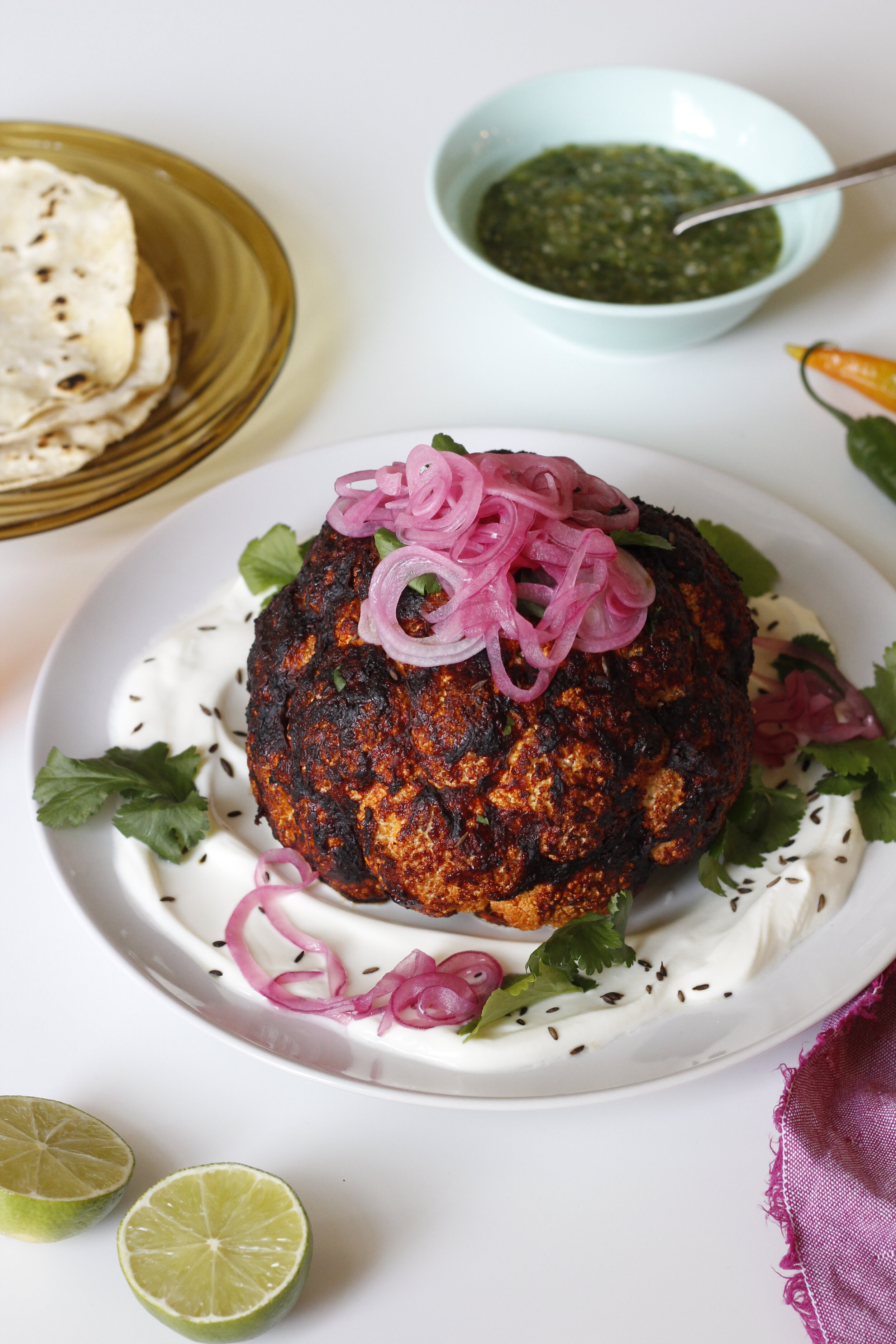 Whole roasted cauliflower in anchochile adobo sauce — Plate Talks