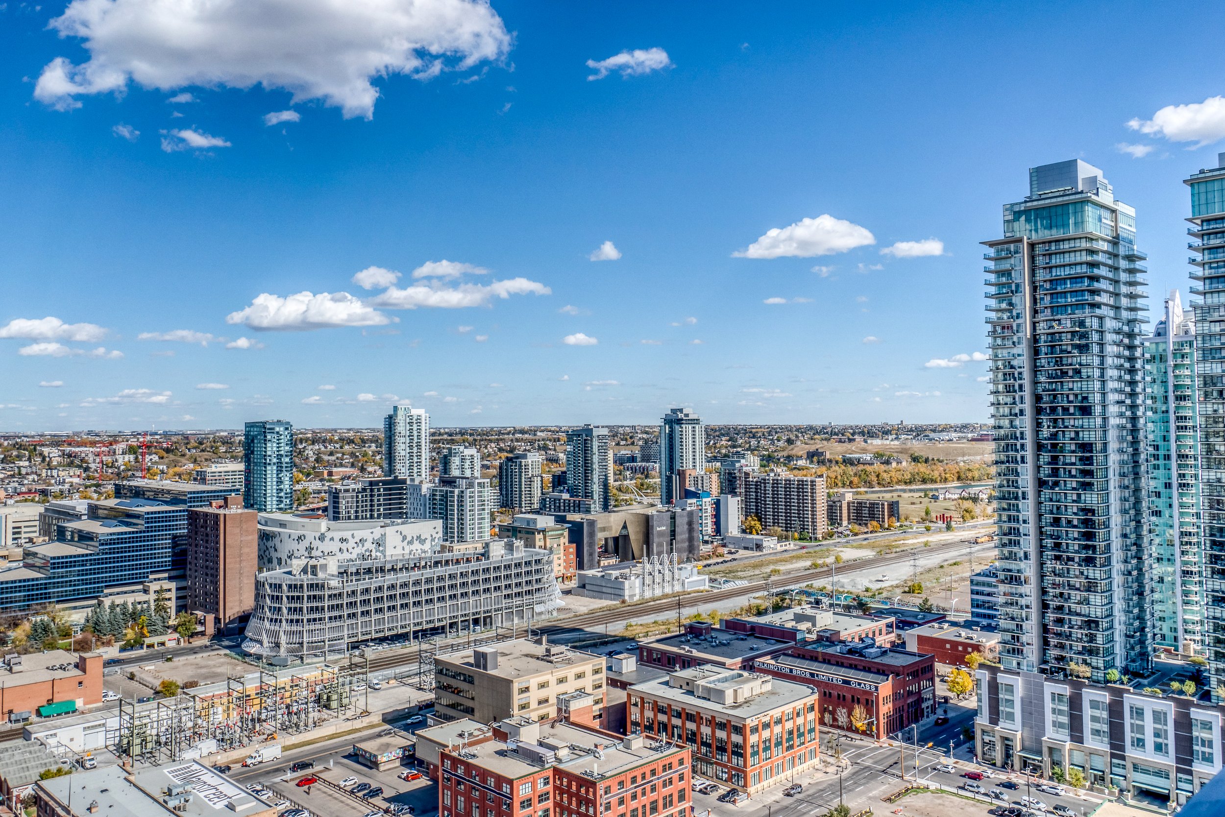 View from BLVD looking NE to East Village and Bow river