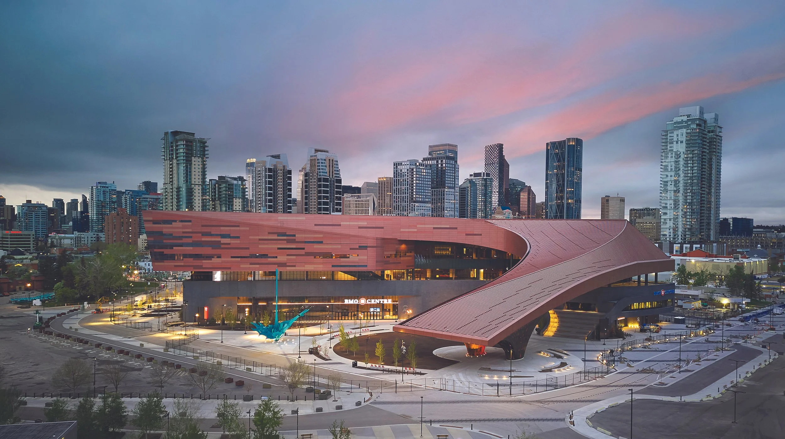 A photo of the expanded BMO Centre at sunset in The Culture and Entertainment District in Calgary.