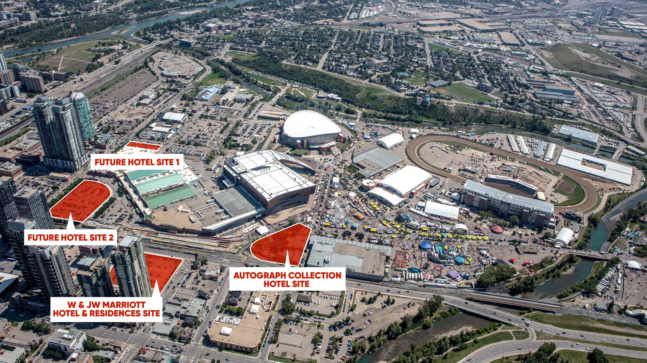 An aerial image of The Culture and Entertainment District with diagrams showing where the future hotel sites will be in the area.
