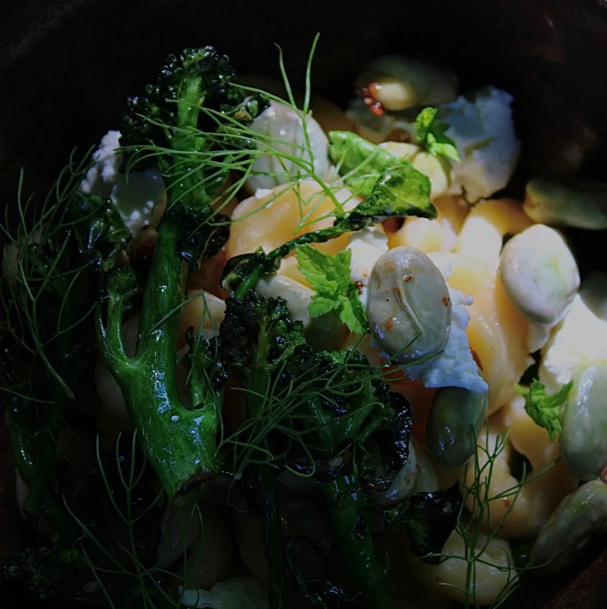 brocollini and pasta with garnish