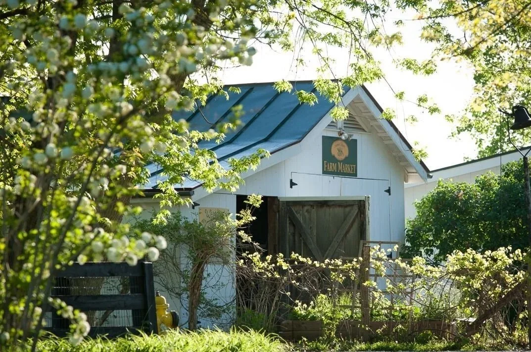 White barn with blue roof and a sign that says "Farm Market" surrounded by green trees and plants, with a gravel path in front.