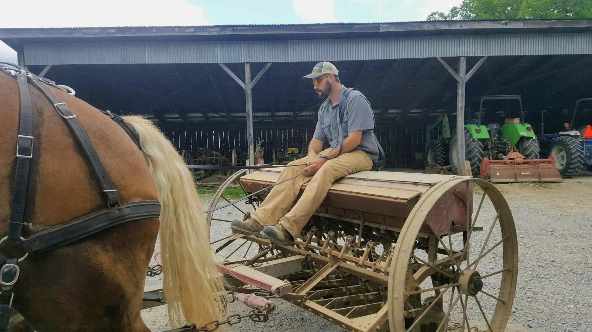 A man with a beard wearing sunglasses, a cap, a gray shirt, and tan pants riding a horse-drawn farm cart.