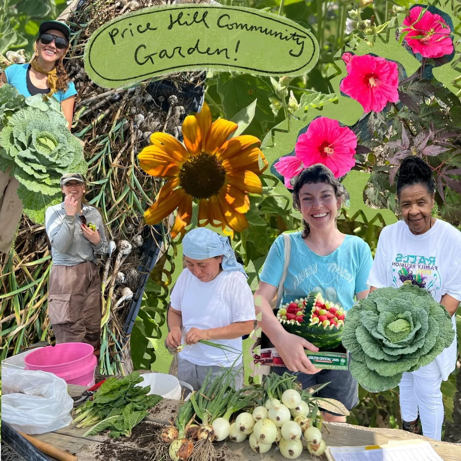 Price Hill Community Garden collage with 5 people holding various vegetables and flowers in the background.