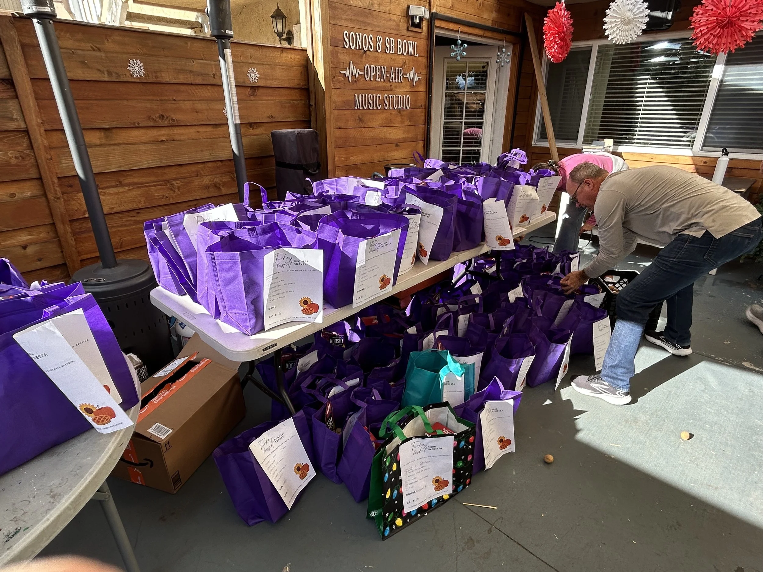 Volunteers packing the Thanksgiving baskets