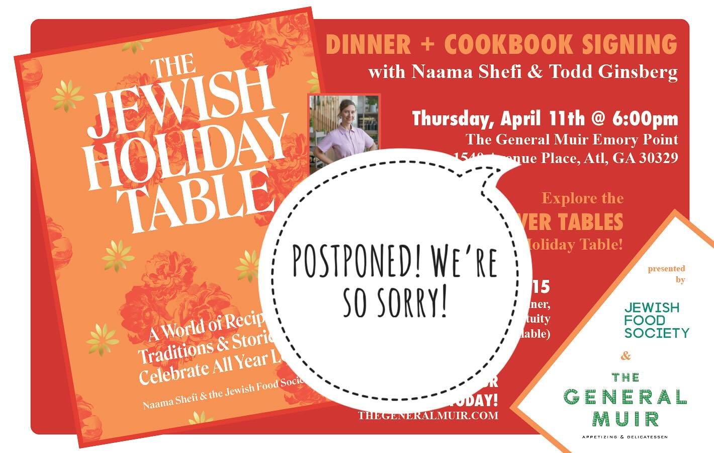 We&rsquo;re so sorry, but the @jewishfoodsociety cookbook tour to @mjcca and dinner at @thegeneralmuir is canceled this week. Hoping to reschedule! We&rsquo;ll be in touch with those of you who bought tickets for dinner.