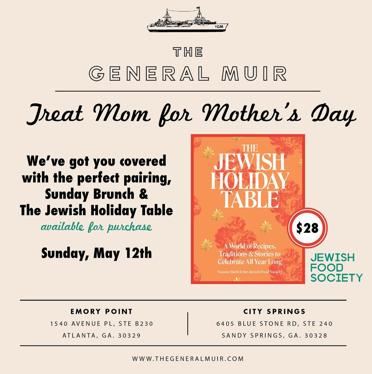 Cookbooks are available at both locations, @thepointatl (Emory) and @visitcitysprings (@visitsandysprings)! Treat Mom; you know she has treated you to a lot of special holiday meals! #thegeneralmuir #mothersday