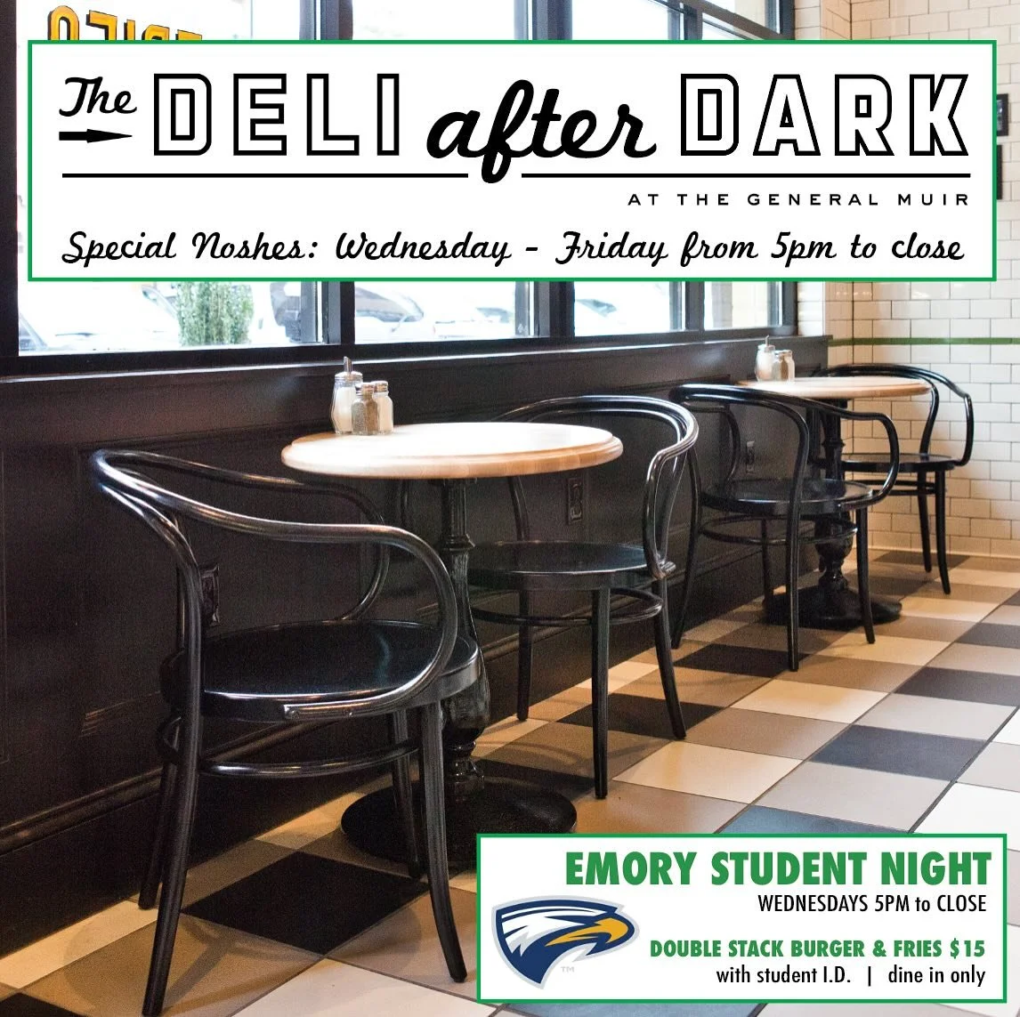 Join us for &ldquo;Deli after Dark,&rdquo; Wednesday-Friday, 5pm to close! (Yeah, yeah, it doesn&rsquo;t get dark until almost 8pm and we close 8:30 (Wed-Thurs) or 9 (Fri-Sat), just work with us here, the alliteration was too good to pass up.)
We&rsq