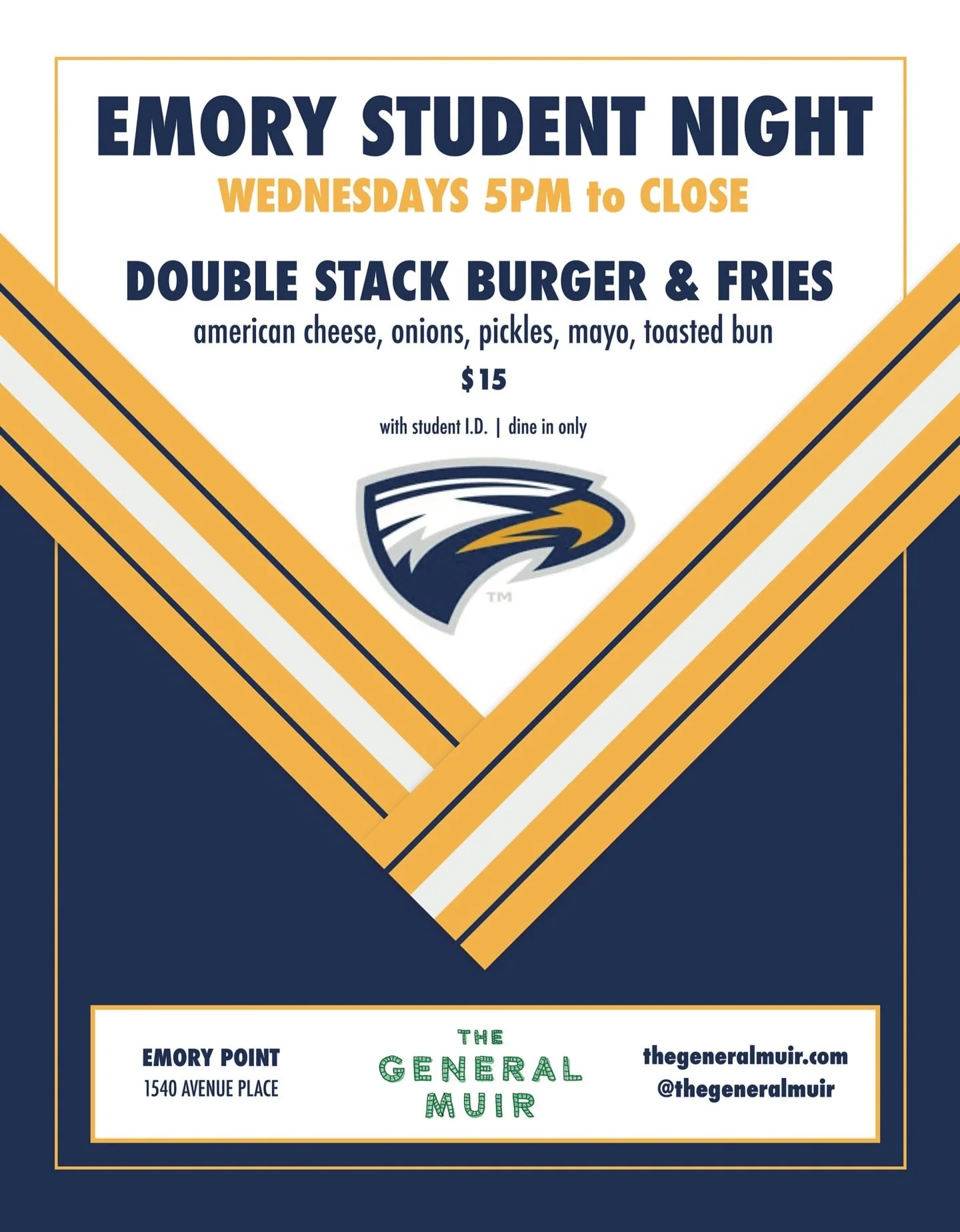 Emory students: you gotta keep yourself well-fueled during Finals, so join us for dinner tonight (Wednesday), bring your student ID, have a seat (no running off and taking it back to the dorm, just chill here for a minute), and eat a burger. It&rsquo
