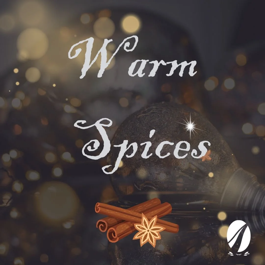Twinkling light background with cinnamon and clove picture at bottom.  text reads "Warm spices" with the Abermor logo at the bottom
