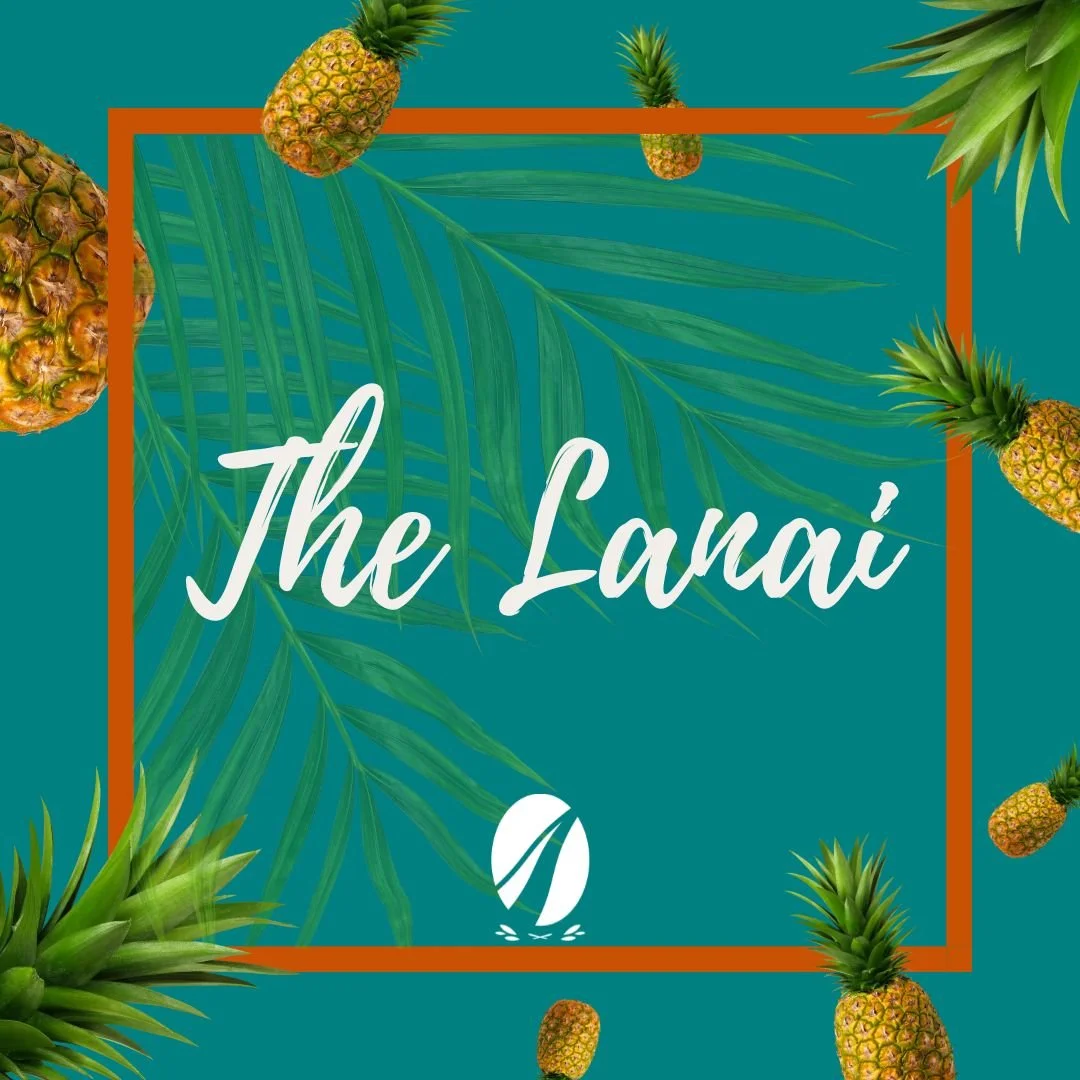 Teal background with pineapples.  Text reads "The Lanai" with the Abermor logo