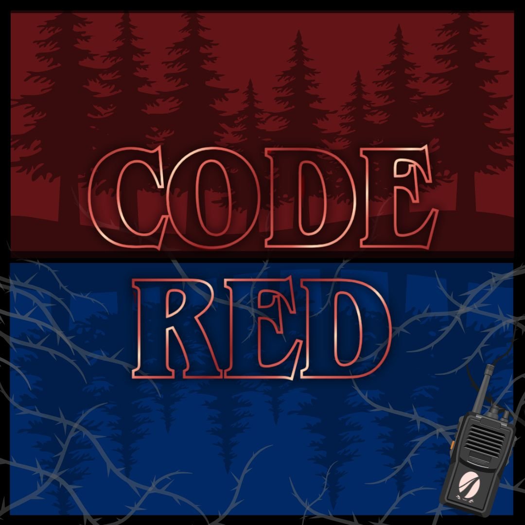 Red and blue background with trees and vines.  Text reads "Code Red" with a small walkie talkie in the corner with the Abermor logo on it