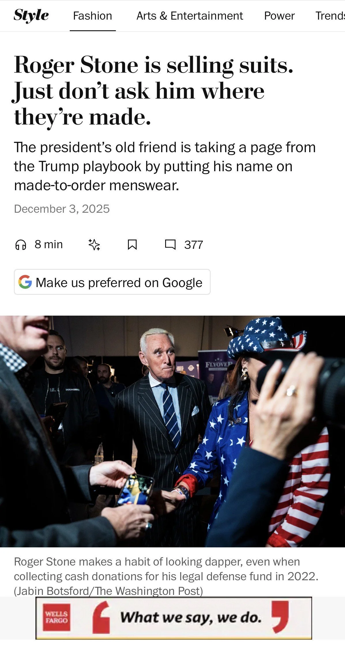 Roger Stone is selling suits. Just don’t ask him where they’re made.